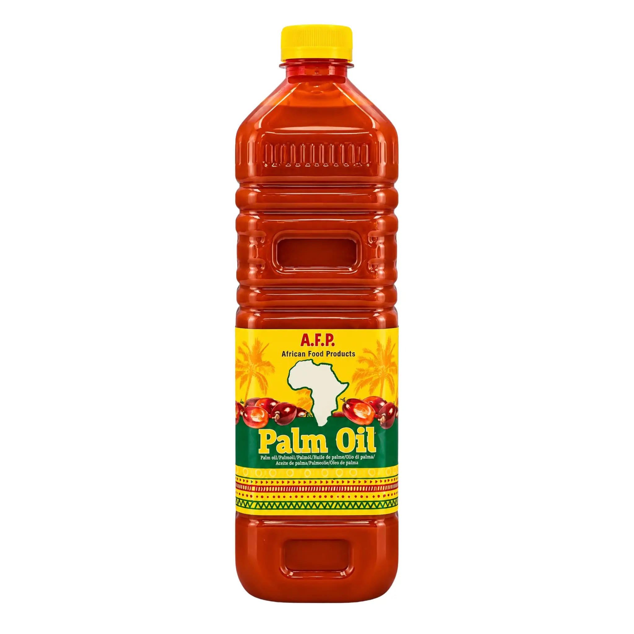 AFP palmolja 1 L i orange plastflaska med gul skruvkork och palm-motiv