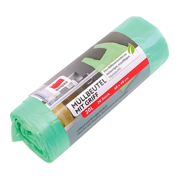 Gröna soppåsar med handtag, rulle 20L, 20 stycken, av återvinningsbar plast.