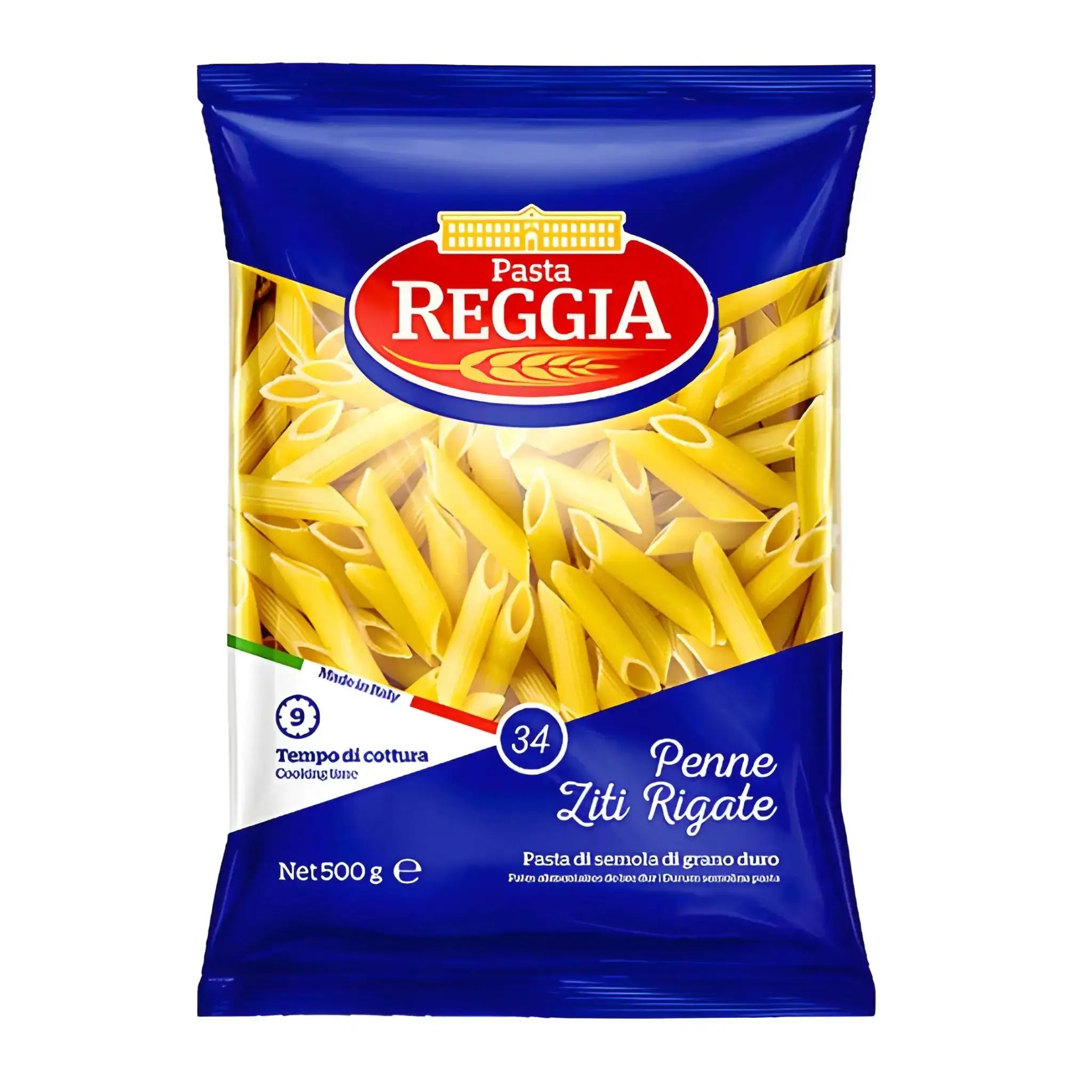 Paket med Reggia Penne Ziti Rigate 500g pasta, gjord av durumvete, italiensk torr pasta.