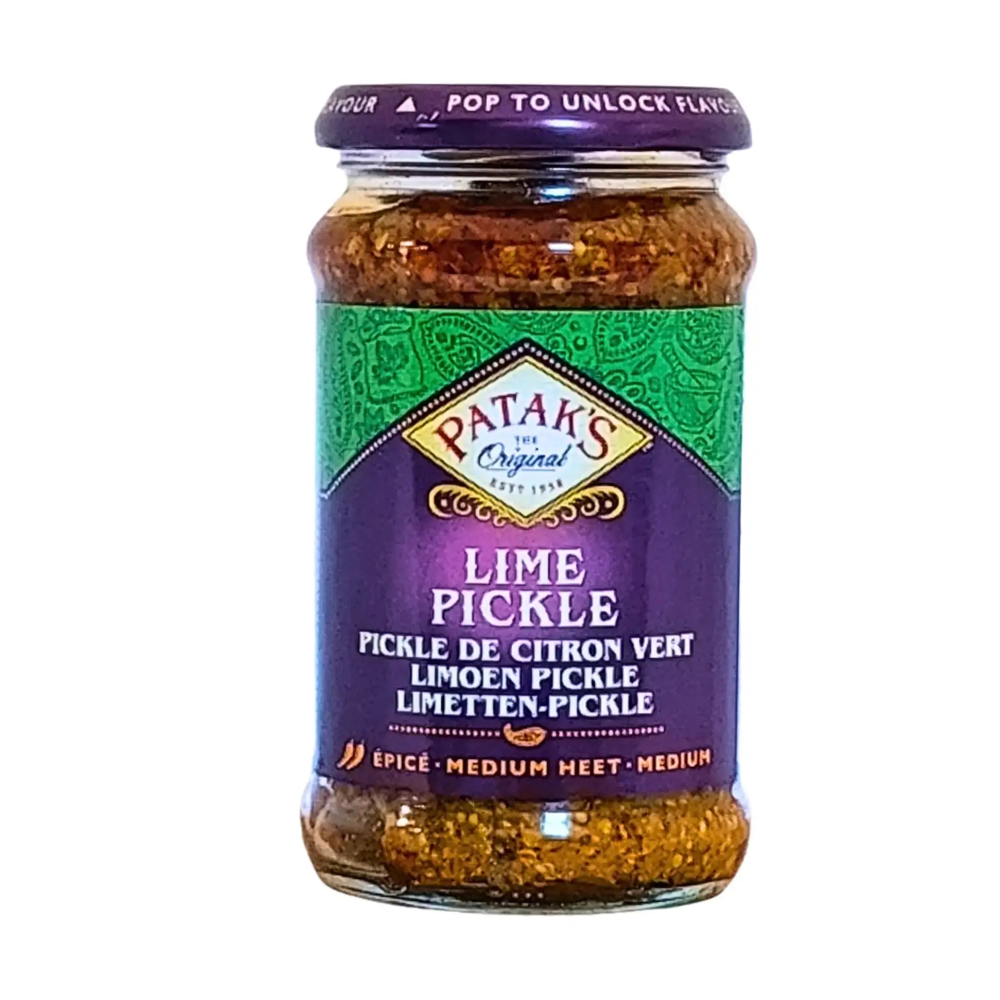 Glasburk med Patak's lime pickle, kryddig indisk limeinläggning, 283g mot vit bakgrund.