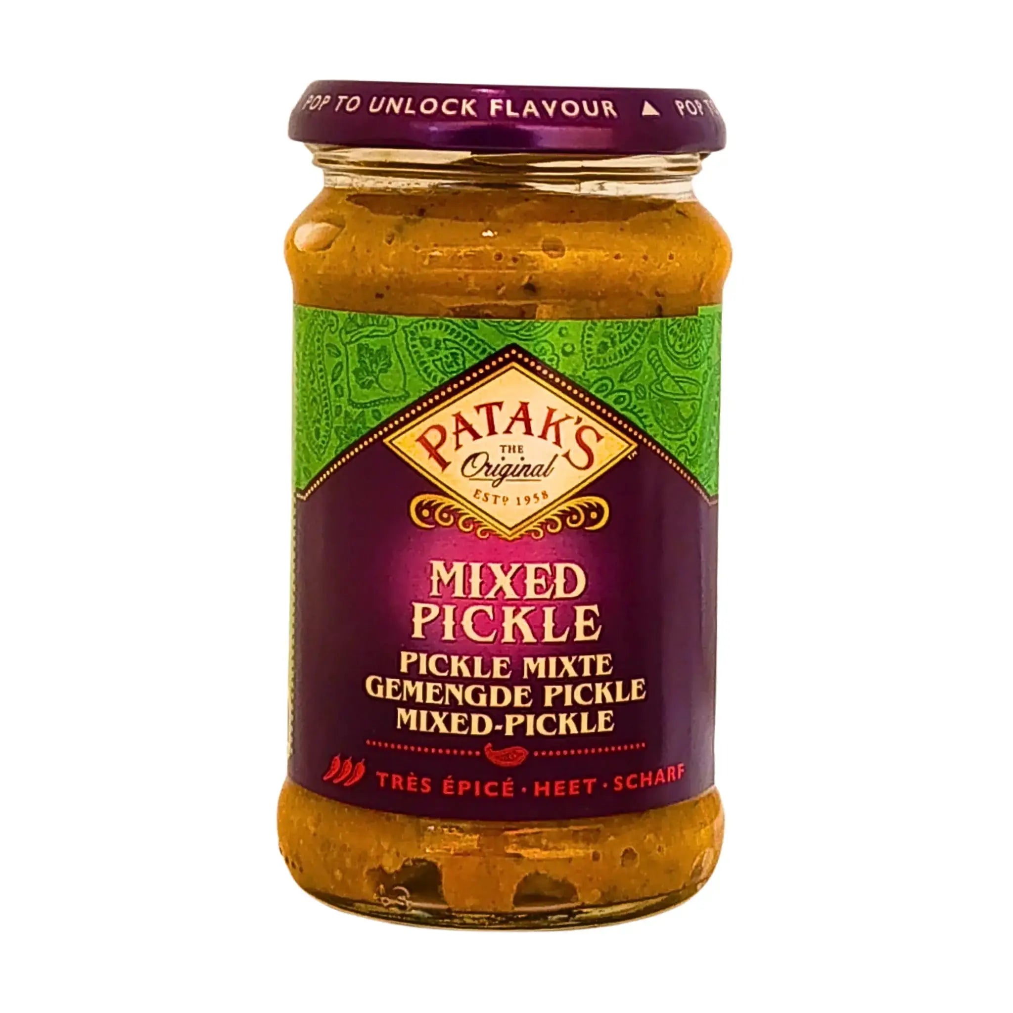 Burk med Patak's Mixed Pickle, indisk inlagd blandning, stark kryddig smak, 283g