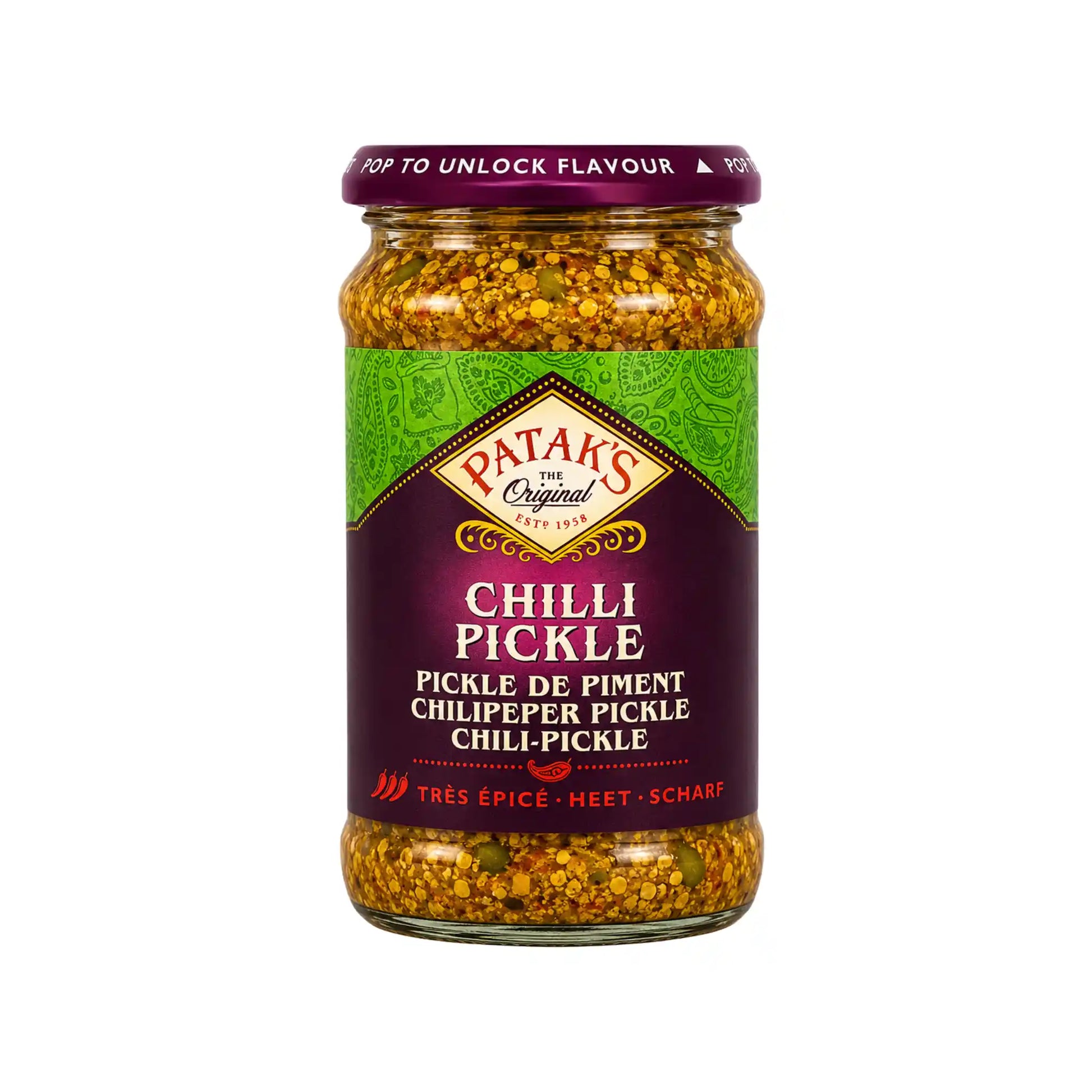 Patak’s chili pickles i glasburk med gulgröna bitar och lila etikett