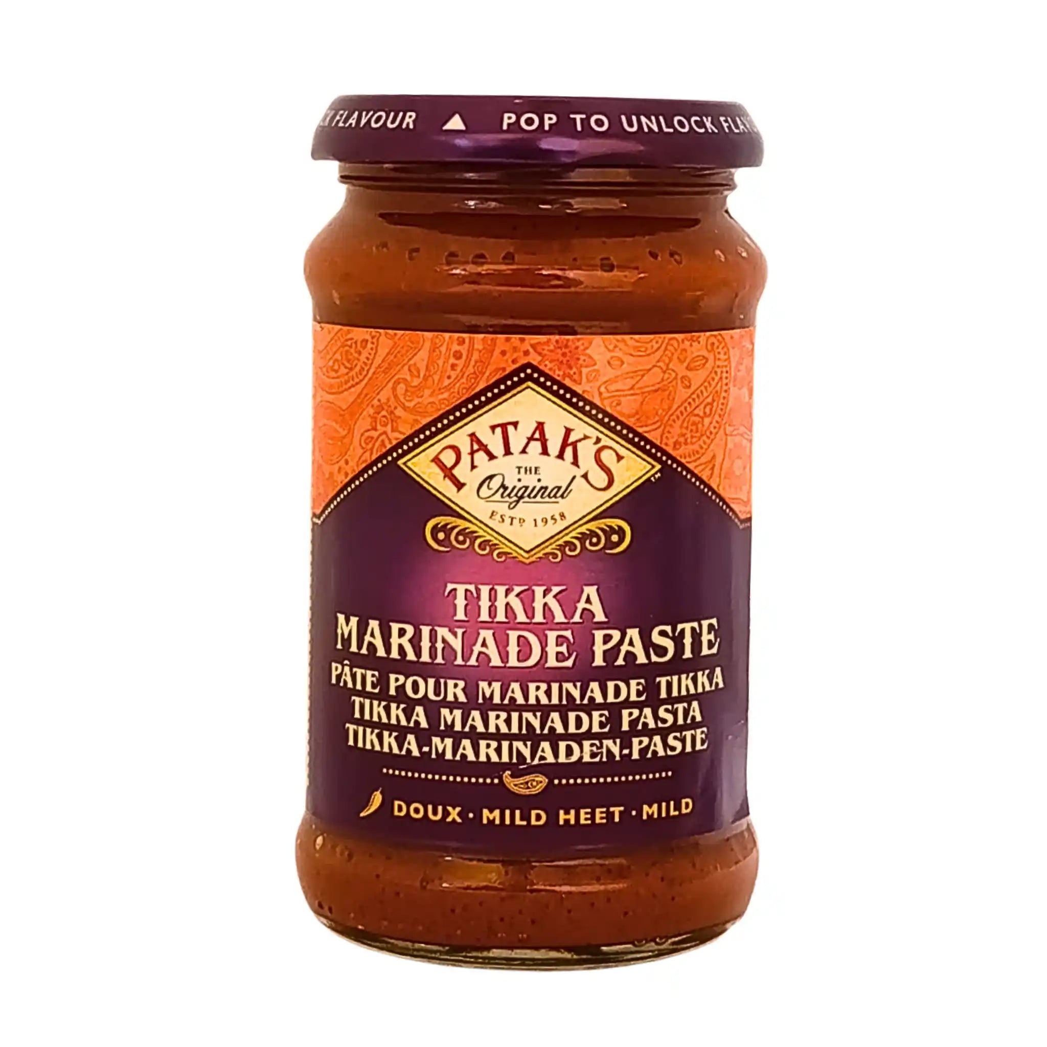Glasburk med Patak's Tikka Marinade Paste, indisk marinad, lila etikett, 283g
