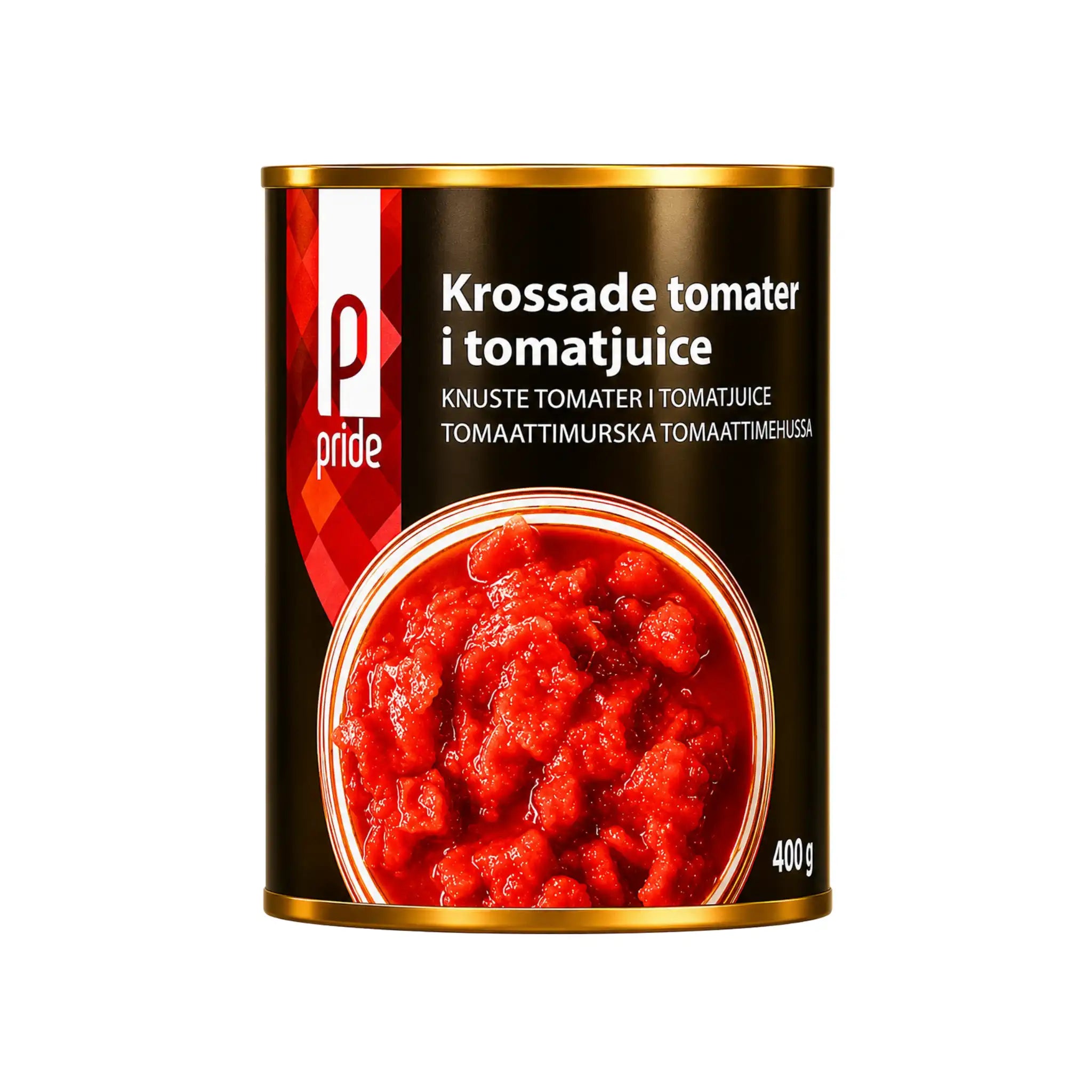 Krossade tomater i tomatjuice, burk 400 g med röd tomatsås i bild