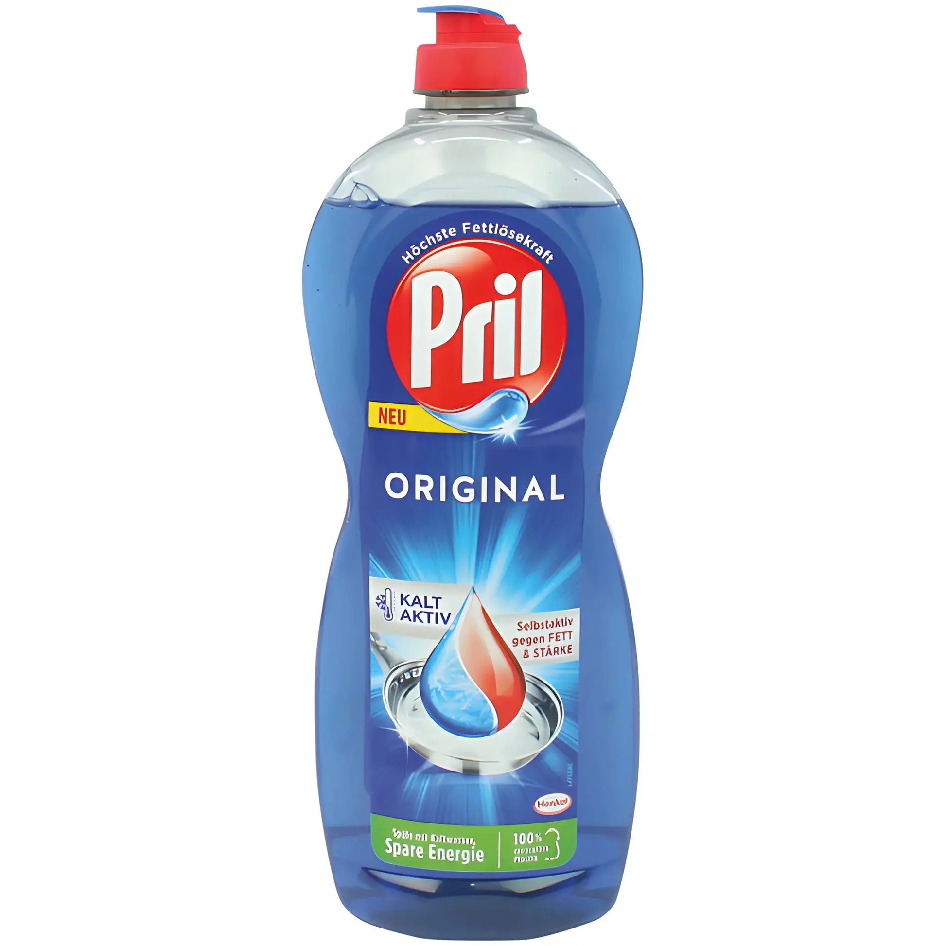 Pril Original diskmedel, blå flaska med röd kork och tydlig etikett, flytande rengöringsmedel.