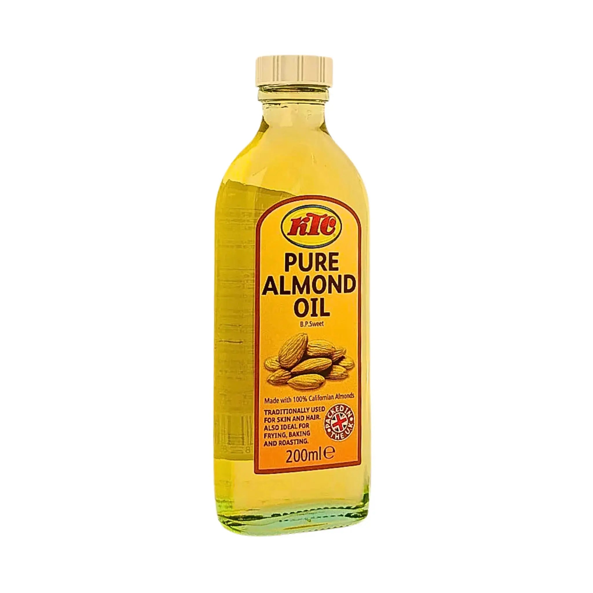 Flaska med söt mandelolja 200 ml, ren, klar vätska och etikett med mandlar.