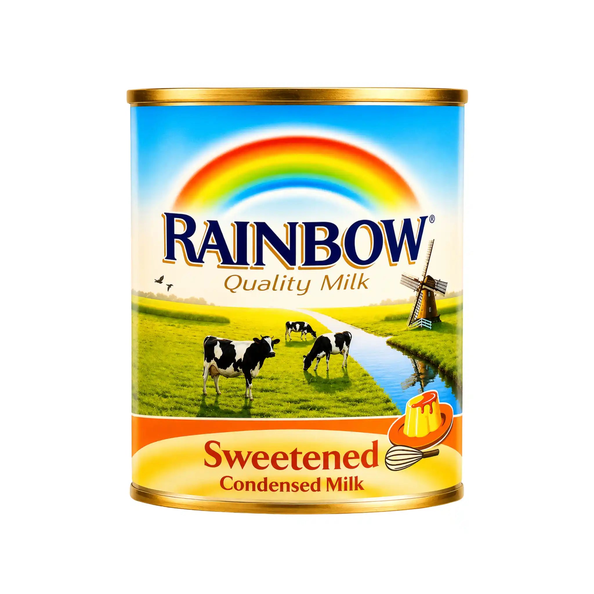 Sötad kondenserad mjölk i burk med Rainbow-logotyp och guldfärgat lock