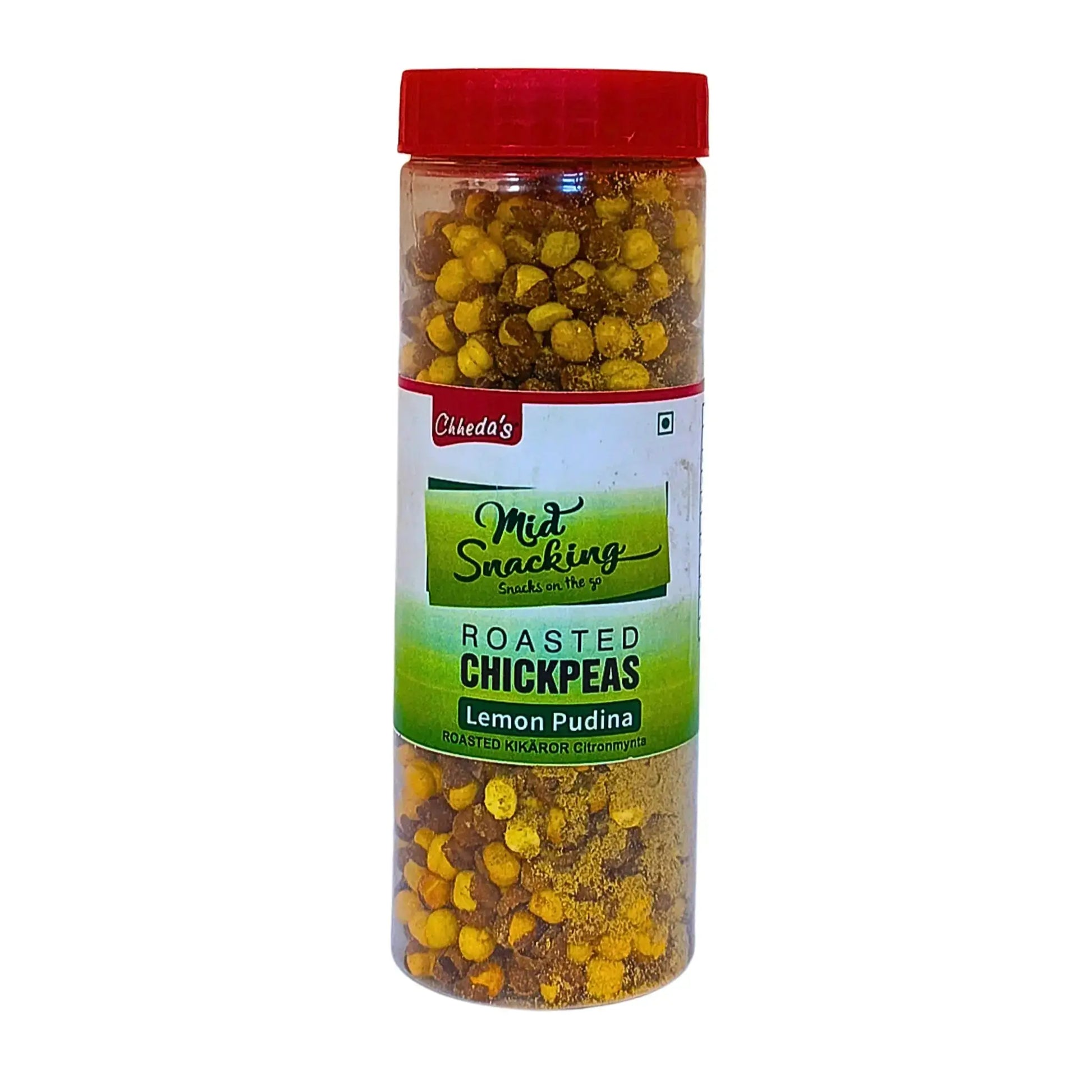 Rostade kikärtor Lemon Pudina i burk, indiskt snacks med citronsmak på vit bakgrund
