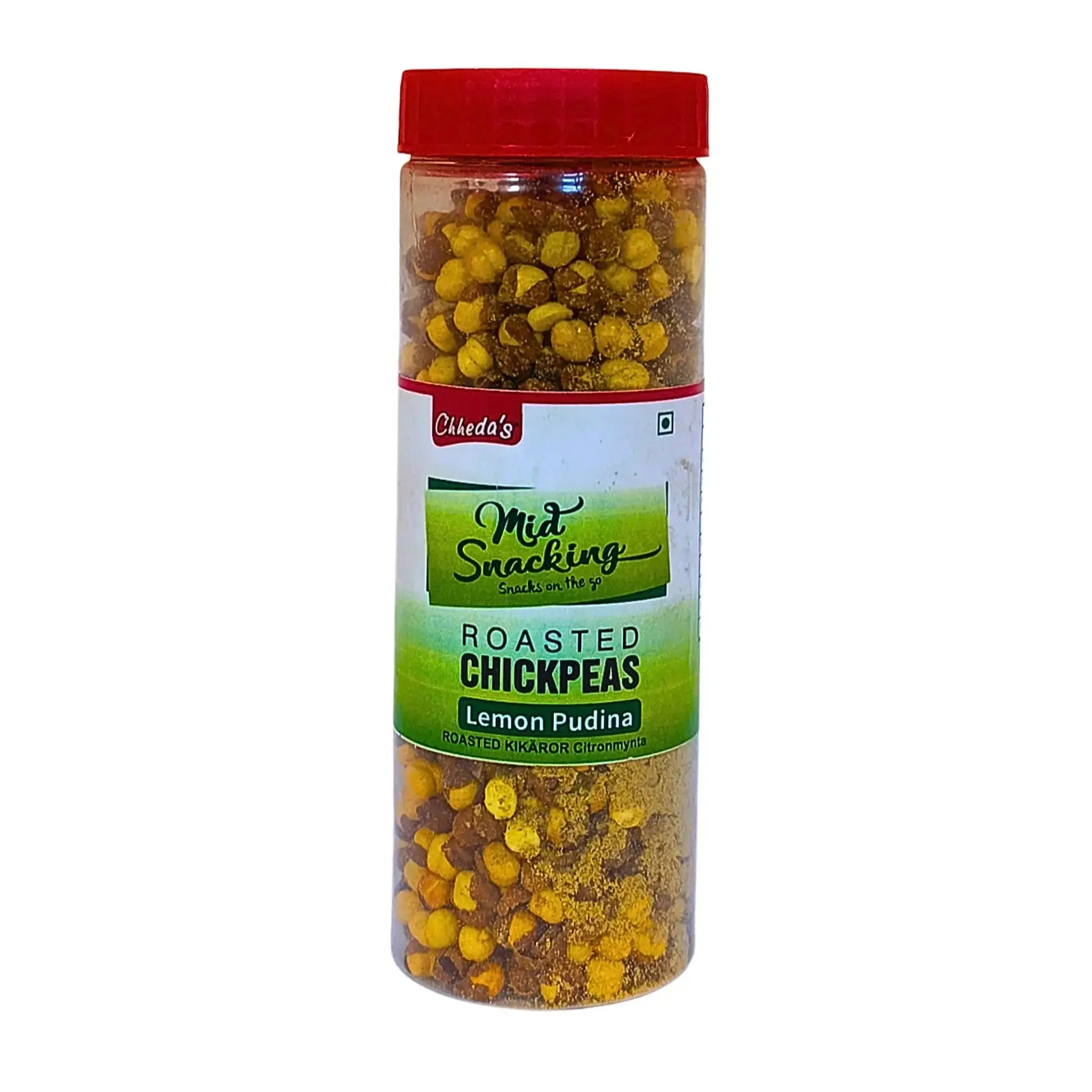 Rostade kikärtor Lemon Pudina i burk, indiskt snacks med citronsmak på vit bakgrund