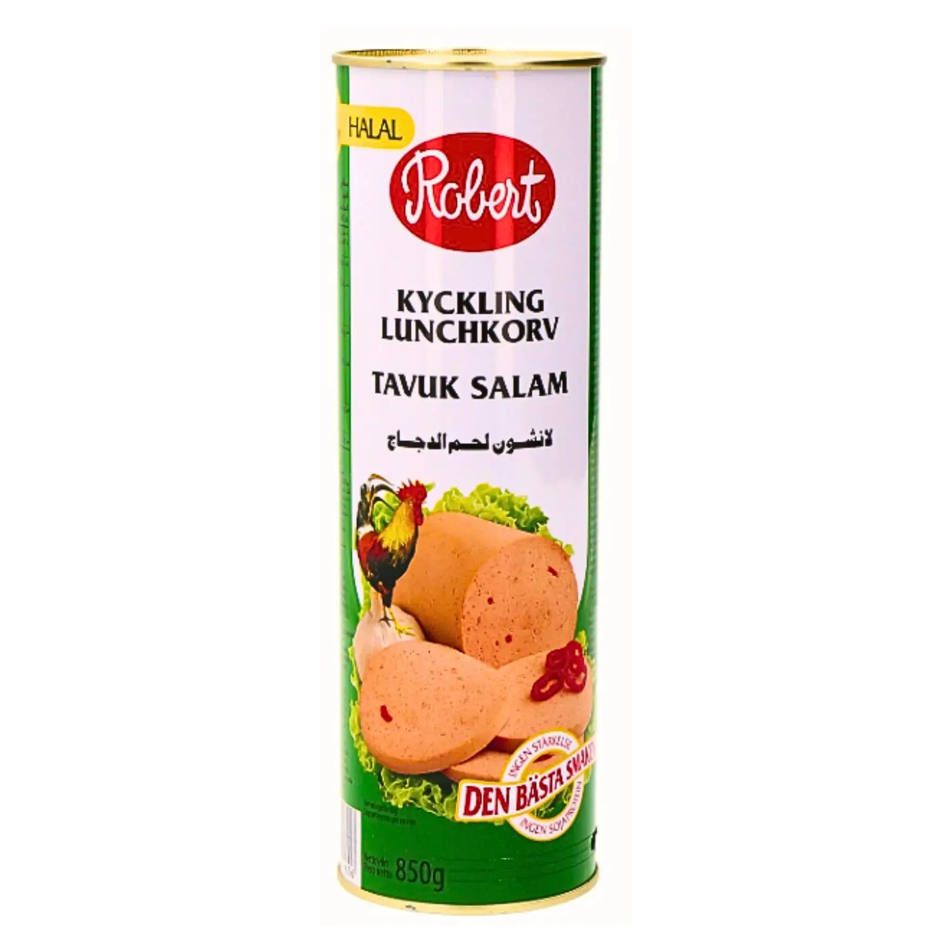 Kyckling lunchkorv konserv 850g med halal-märkning, grön och vit etikett, matbild på korvskivor.