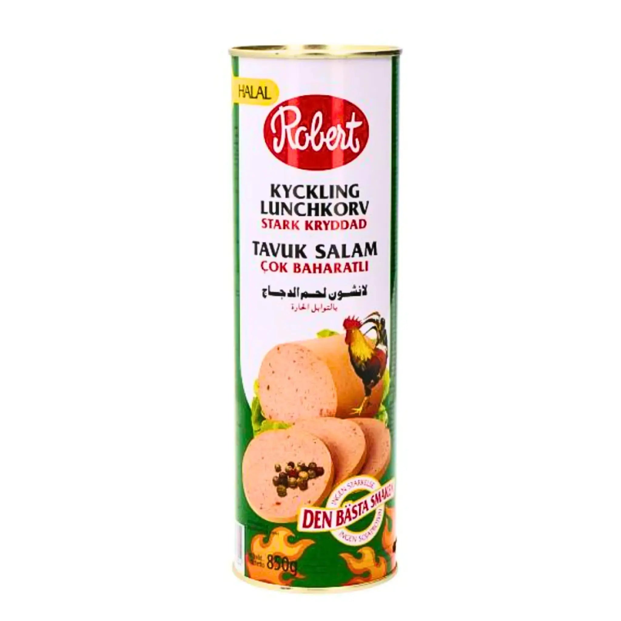 Robert kyckling lunchkorv stark kryddad, halal kycklingsalami konserv, 850g