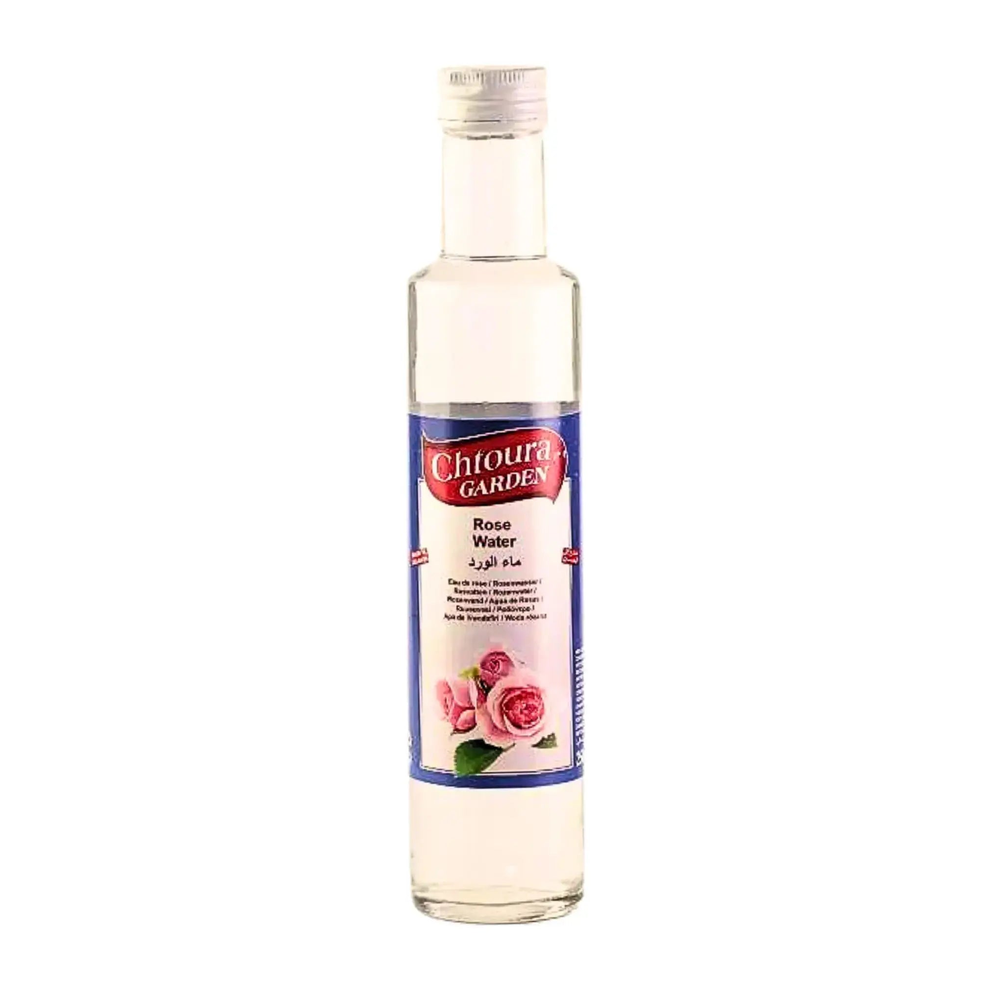 Flaska med Chtoura Garden rosenvatten 250ml, tydlig etikett med rosa rosor, vit bakgrund