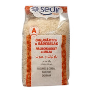 Sedir rund ris 800g förpackning med tydlig text och vita riskorn, baljväxter och sädesslag.