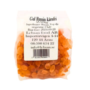 Förpackning med kärnfria gula russin 250g, tydlig etikett och transparent påse.
