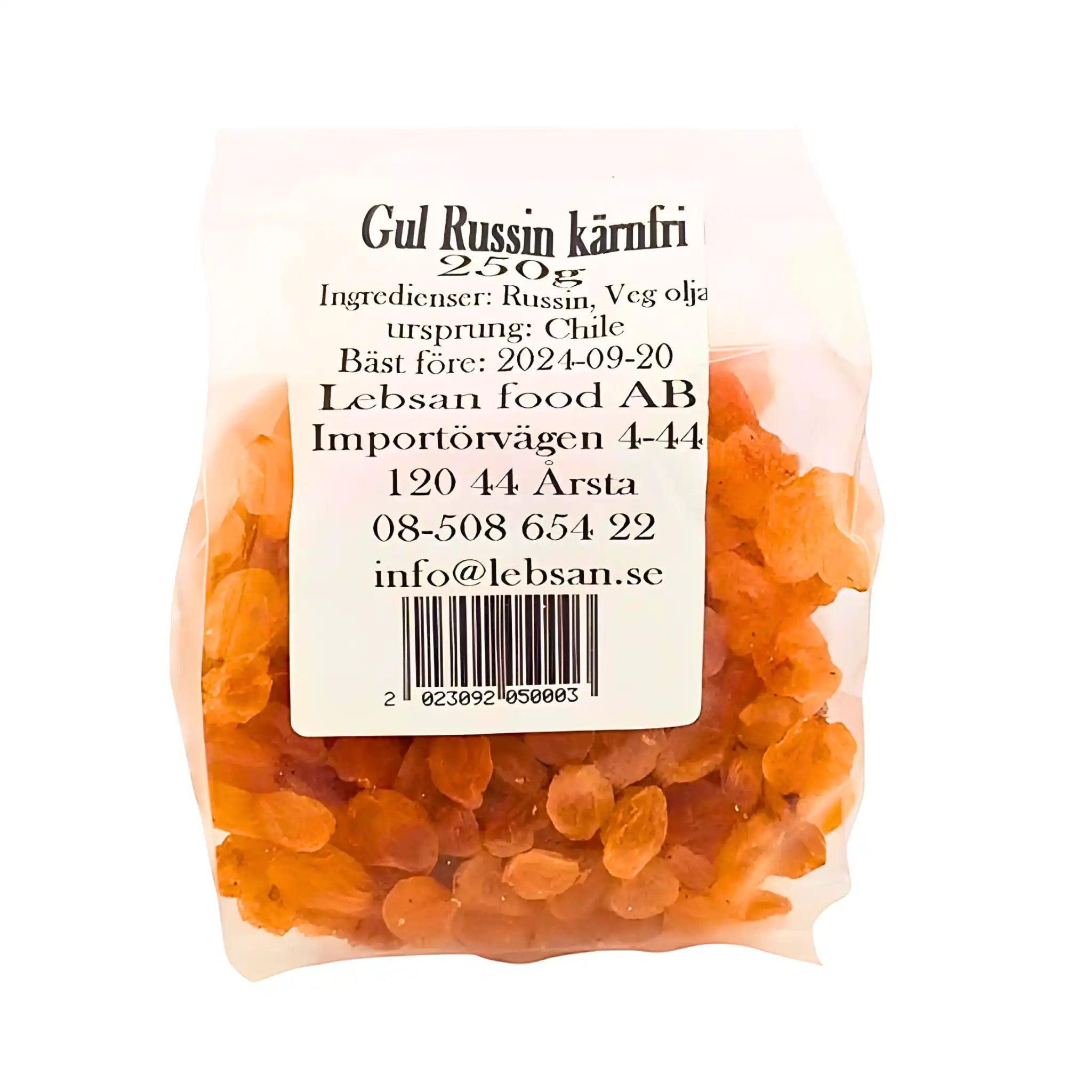 Förpackning med kärnfria gula russin 250g, tydlig etikett och transparent påse.