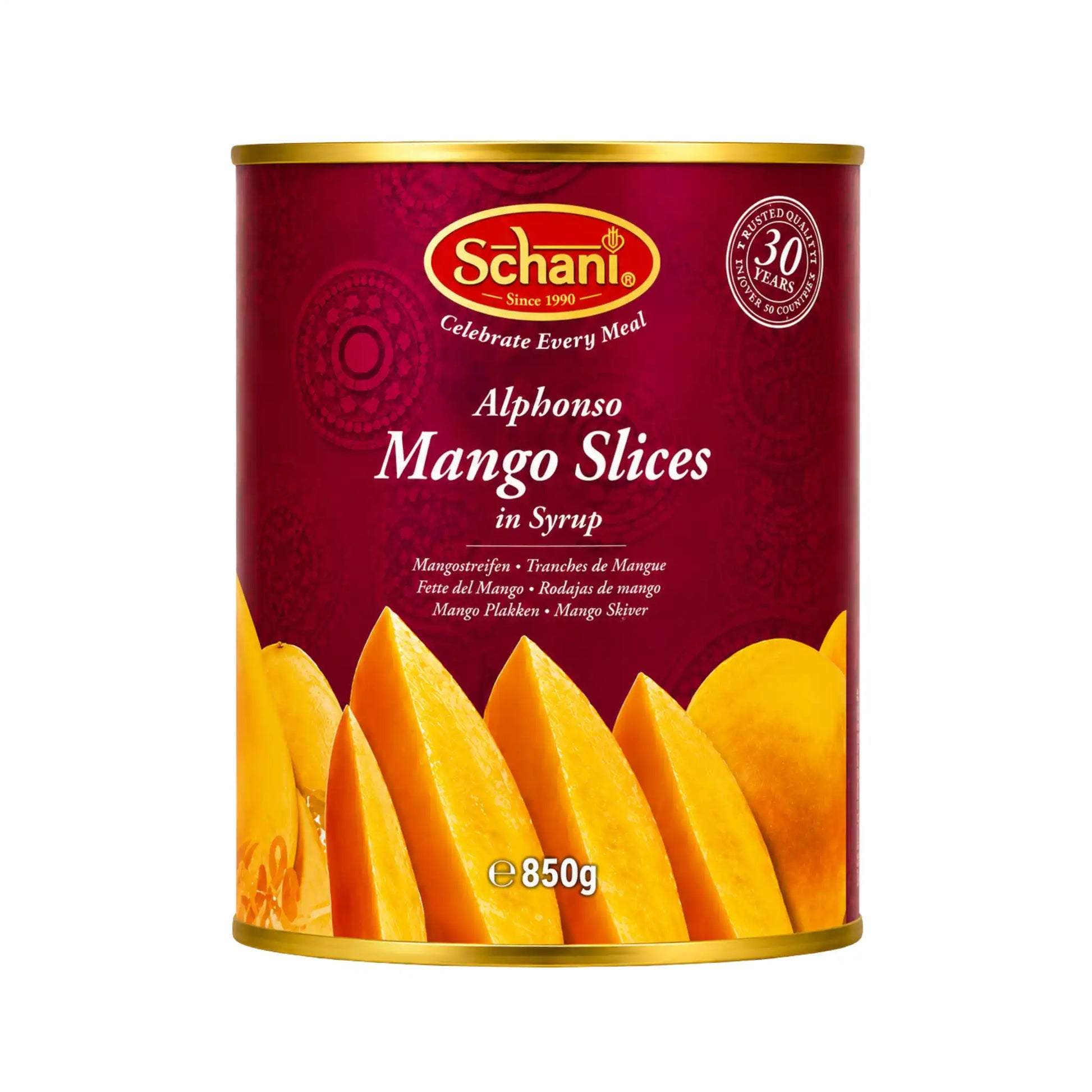 Schani mango-snitt i sockerlag, burk 850 g, alfonso-mango.