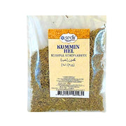 Påse med hel spiskummin 50g, tydlig etikett och kryddor synliga i genomskinlig förpackning.