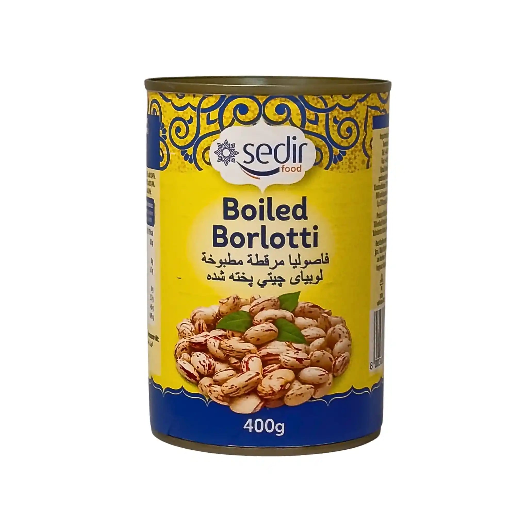 Konservburk med kokta borlottibönor 400g, orientalisk mat, tydlig etikett med bönor
