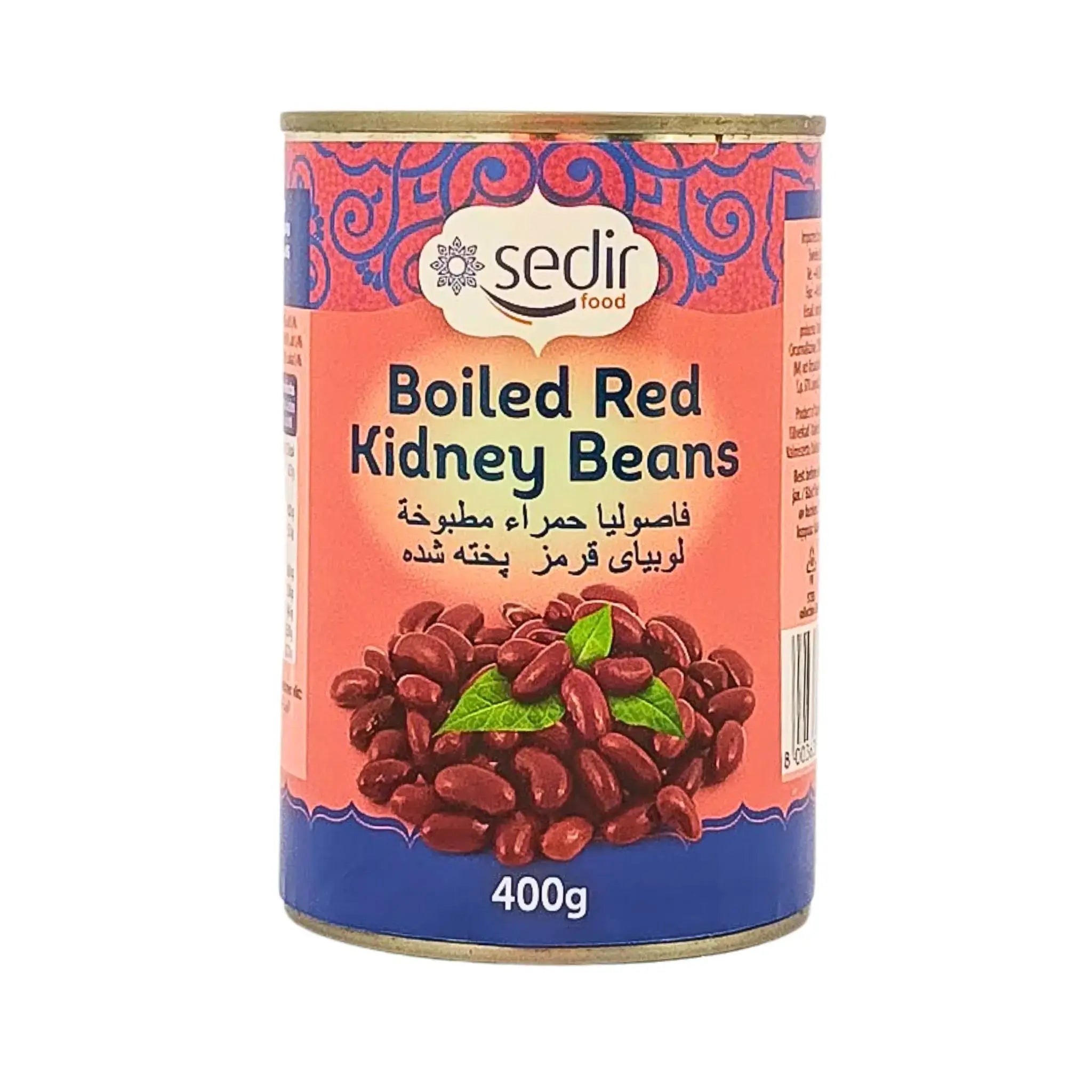 Konservburk med kokta röda bönor, etikett på flera språk, 400g.