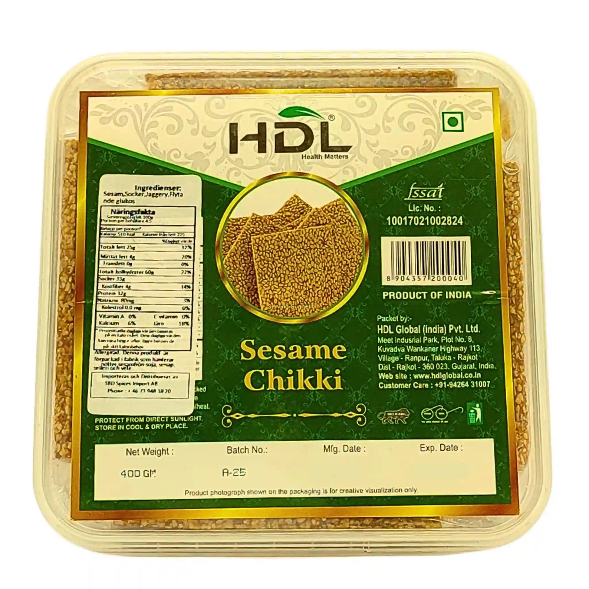 Sesame Chikki indisk sesamgodis i plastförpackning, grön etikett, vikt 400g