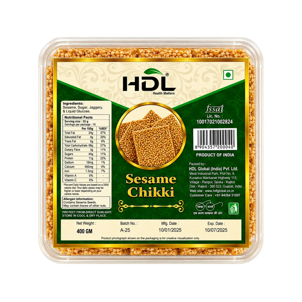 Sesamchikki i genomskinlig plastförpackning med etikett och HDL-märke