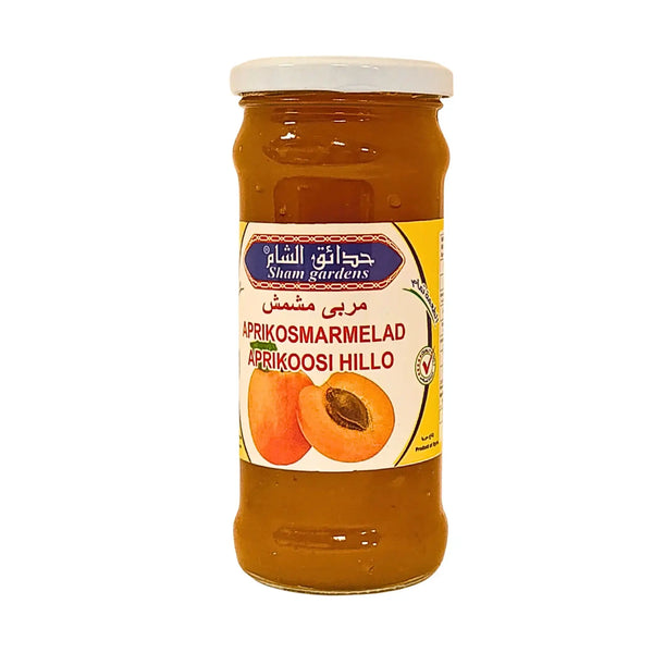 Glasburk med aprikosmarmelad, tydlig etikett och aprikosmotiv, orientalisk livsmedel