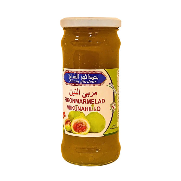 Burk med fikonmarmelad, etikett med gröna fikon och text på flera språk