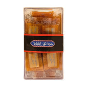 Plastlåda med individuellt förpackade aprikossnacks, Sham Gardens Kamar Aldin, 400g.