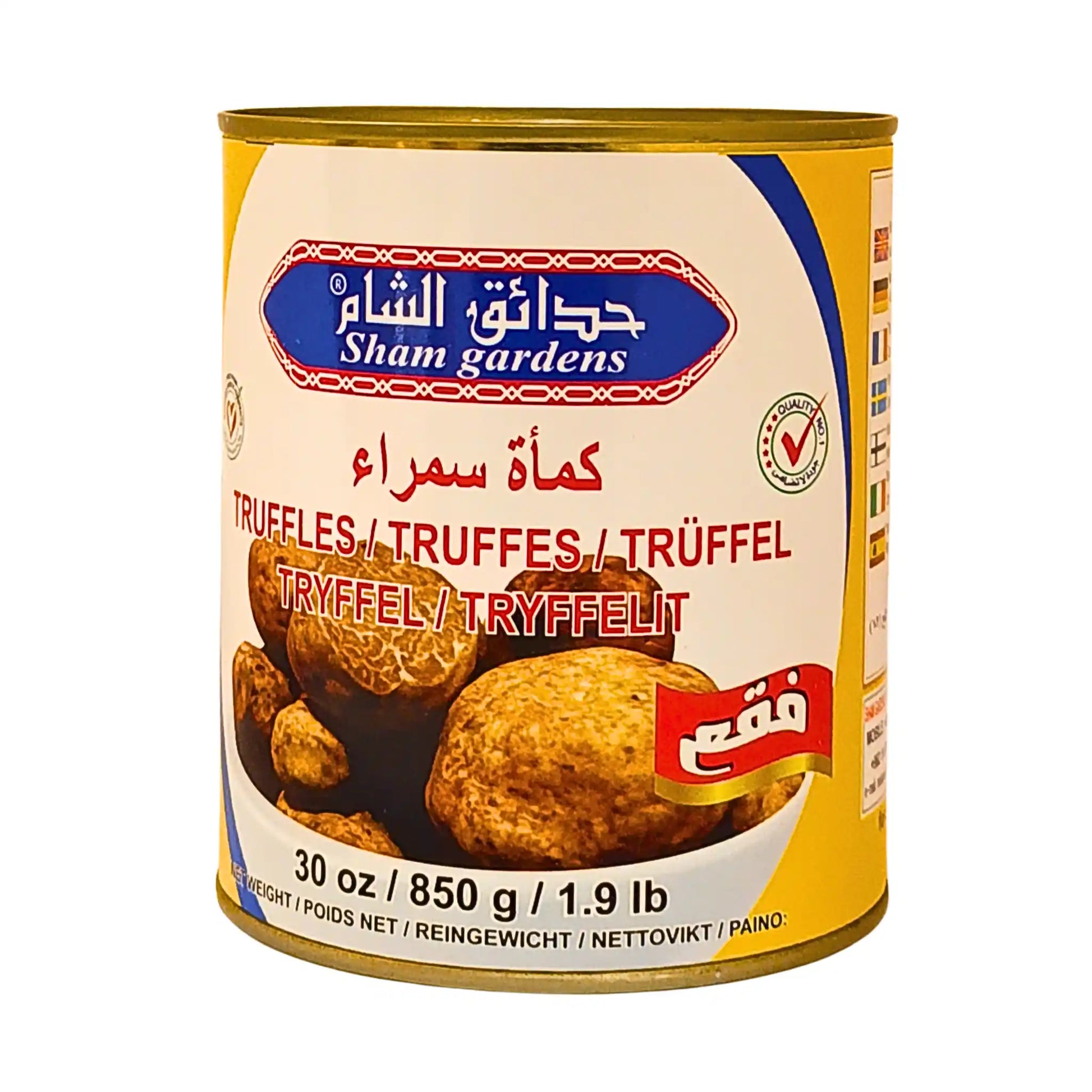 Konservburk med tryffel, Sham gardens, 850g, på vit bakgrund