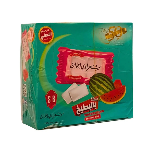 Förpackning med Sharawi tuggummi vattenmelon 24-pack, grönt paket med vattenmelonmotiv.
