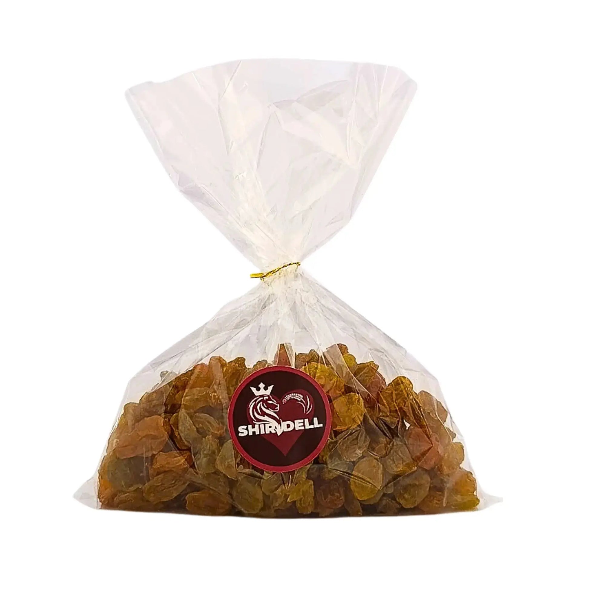 Påse med gula jumbo russin 250g i genomskinlig plastförpackning på vit bakgrund.