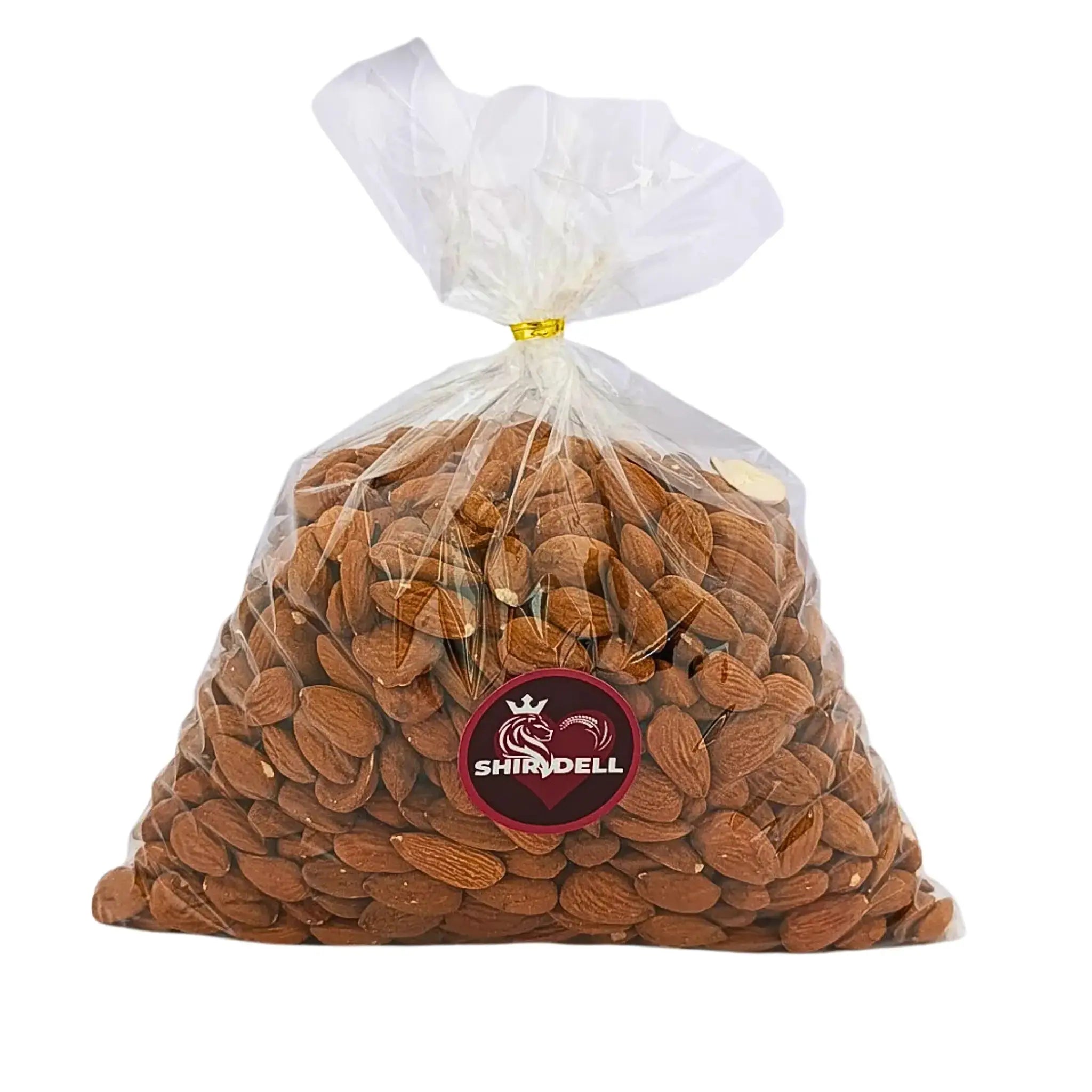 Hel påse naturella sötmandlar i plastpåse, etikett framtill, 1 kg.