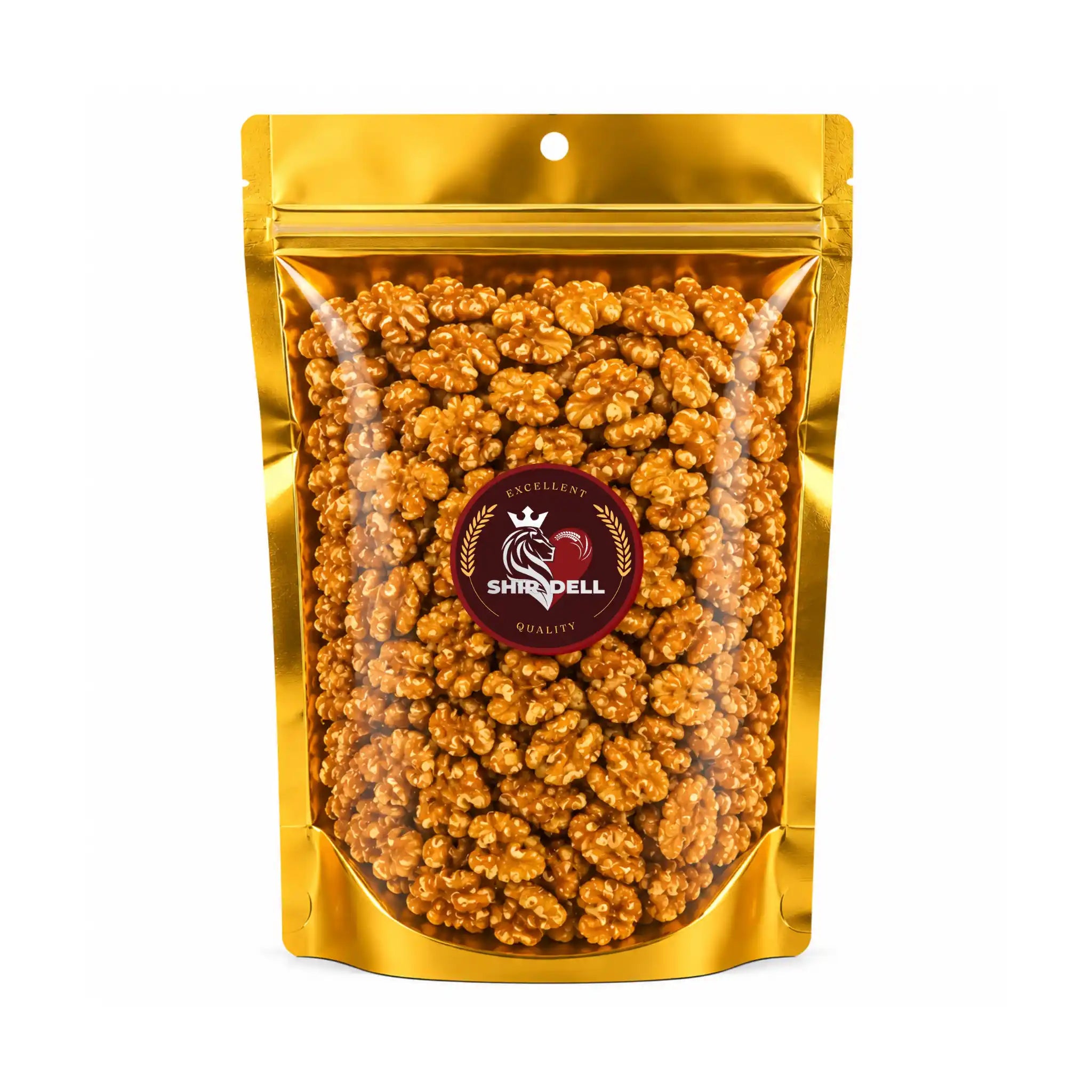 Valnötskärnor i gul ståpåse, 500 g, hela bitar