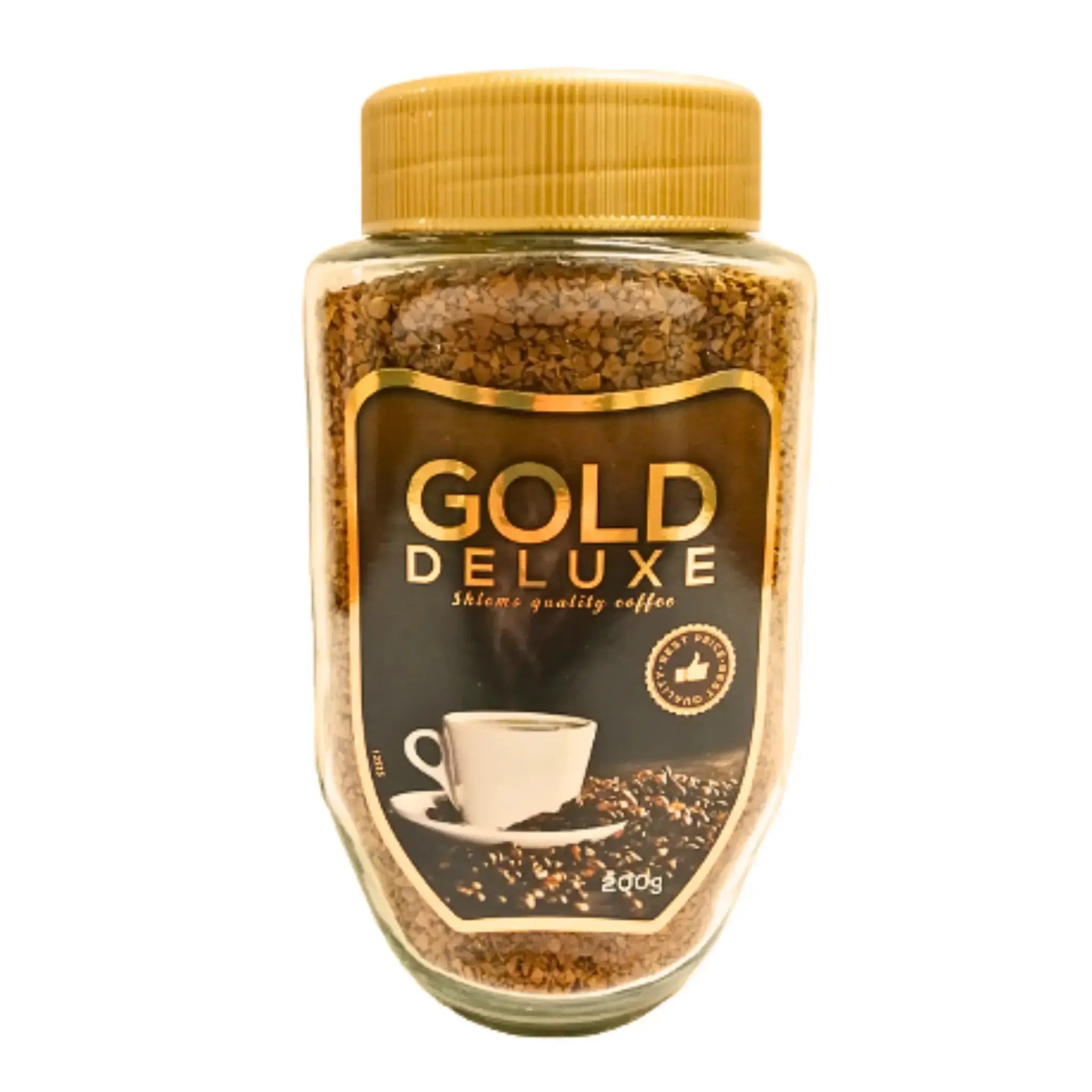 Burk med Gold Deluxe snabbkaffe, mörk etikett, guldlock, kaffekopp framme