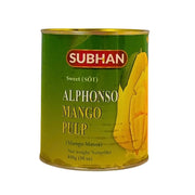 Burk Alphonso mango massa 850g med söt smak och gul mangobild på grön etikett