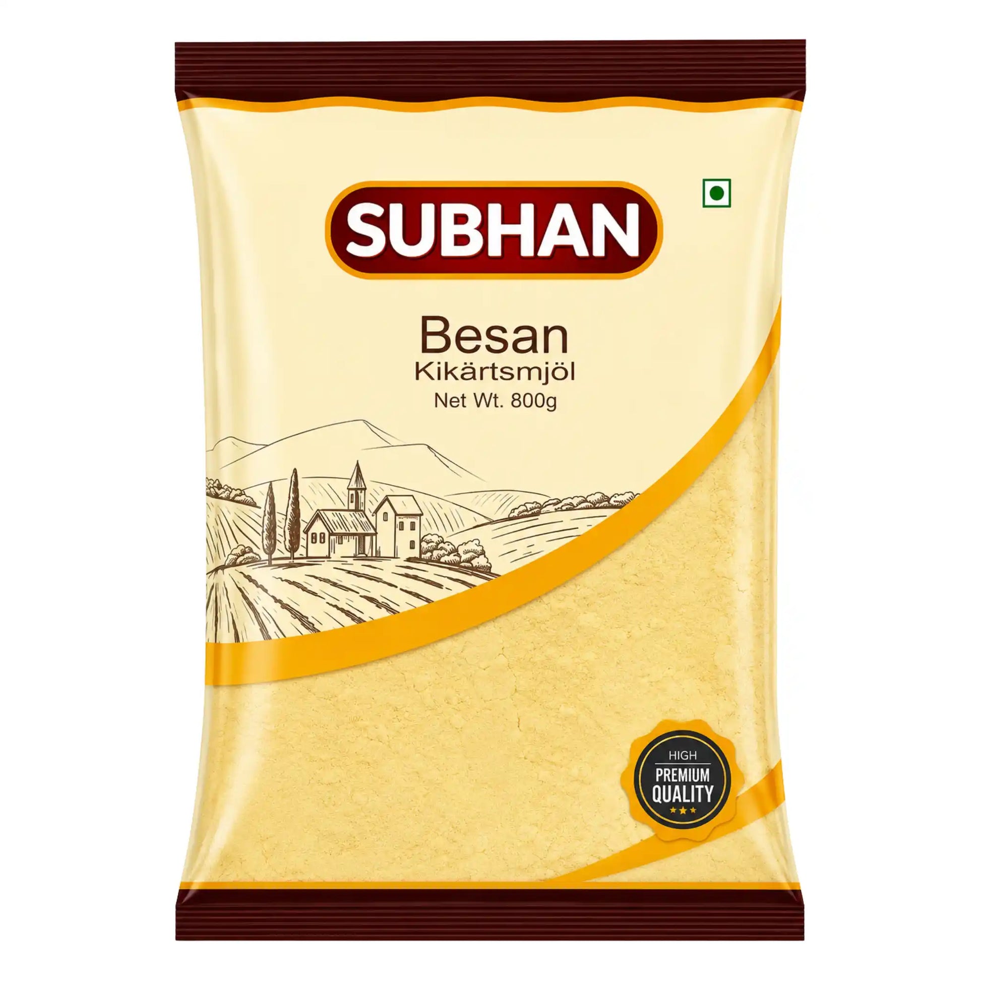 Subhan besan kikärtsmjöl, 800 g, förpackning med gul pulverpåse