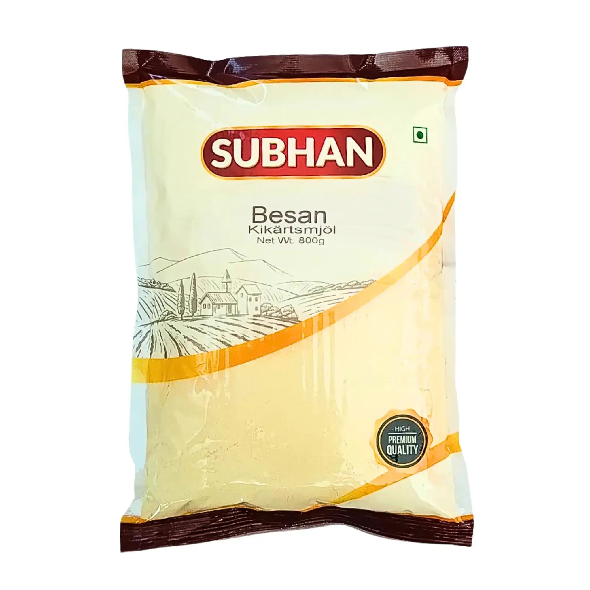 Förpackning Subhan Besan kikärtsmjöl 800g, orientaliskt mjöl, gul påse på vit bakgrund