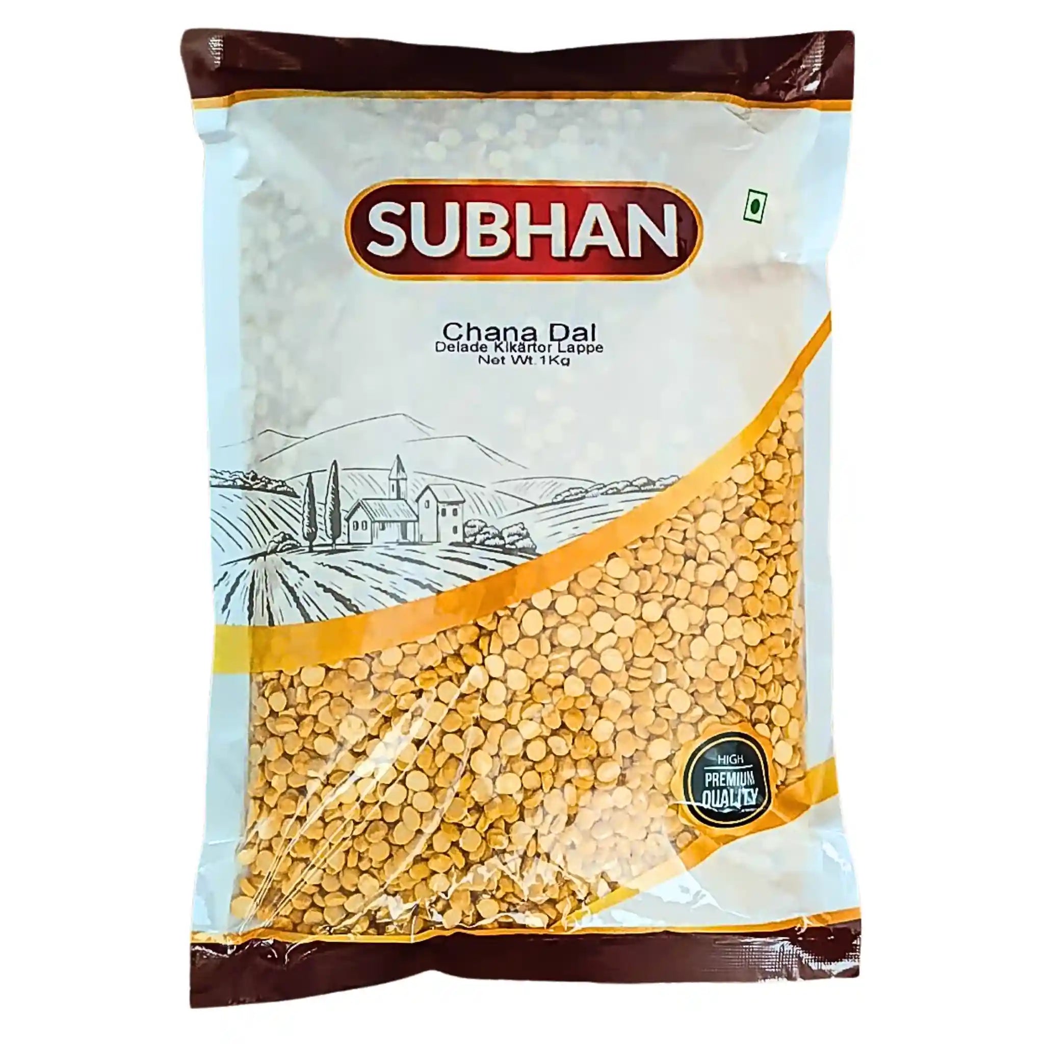 Förpackning med Subhan Chana Dal delade kikärtor 1 kg, orientalisk basvara.
