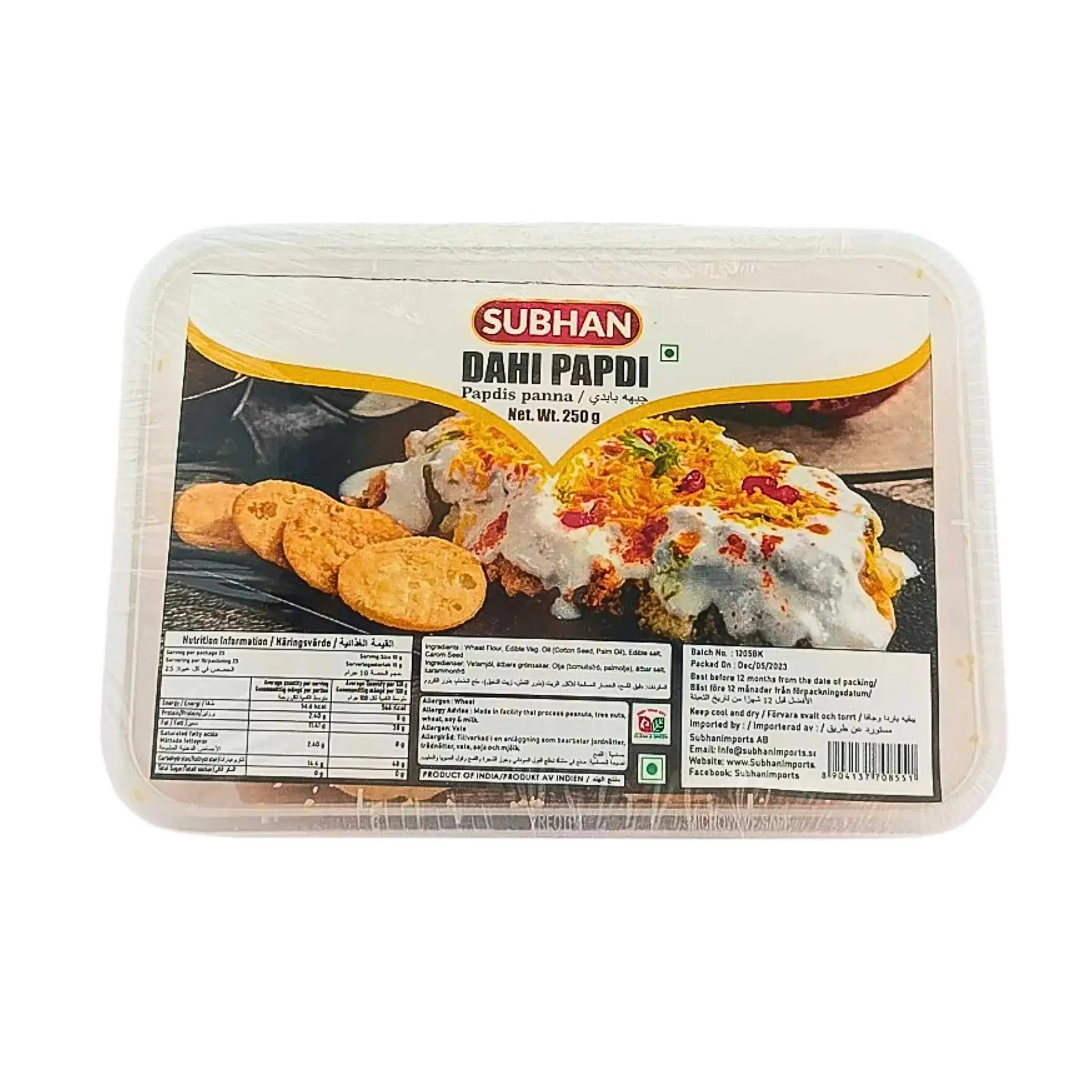 Subhan Dahi Papdi 250g förpackning, indiskt snacks, orientaliska smaker