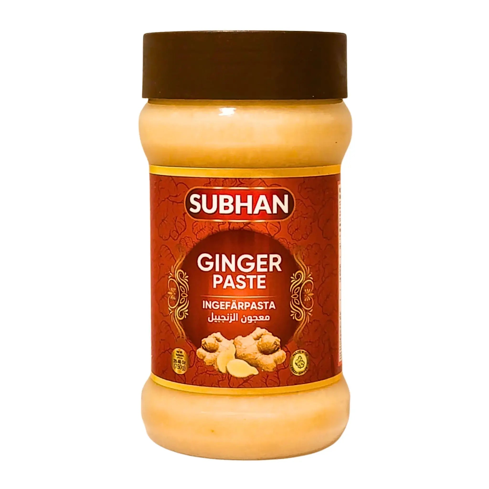 Subhan ingefärspasta burk, ginger paste 750g, orientalisk mat, tydlig etikett med ingefära