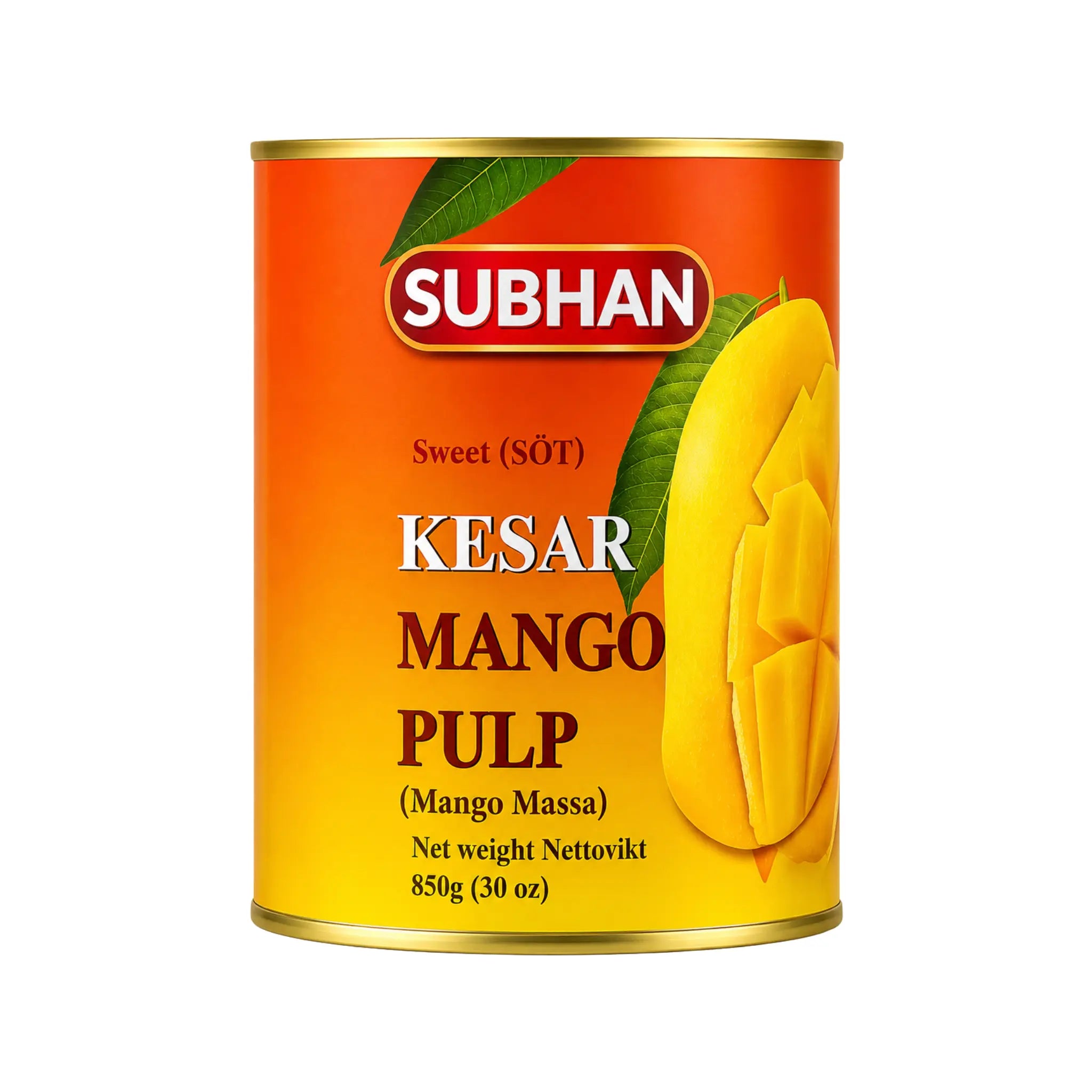 Subhan mangopuré på burk, kesar mango, orange gul etikett och mangoskiva