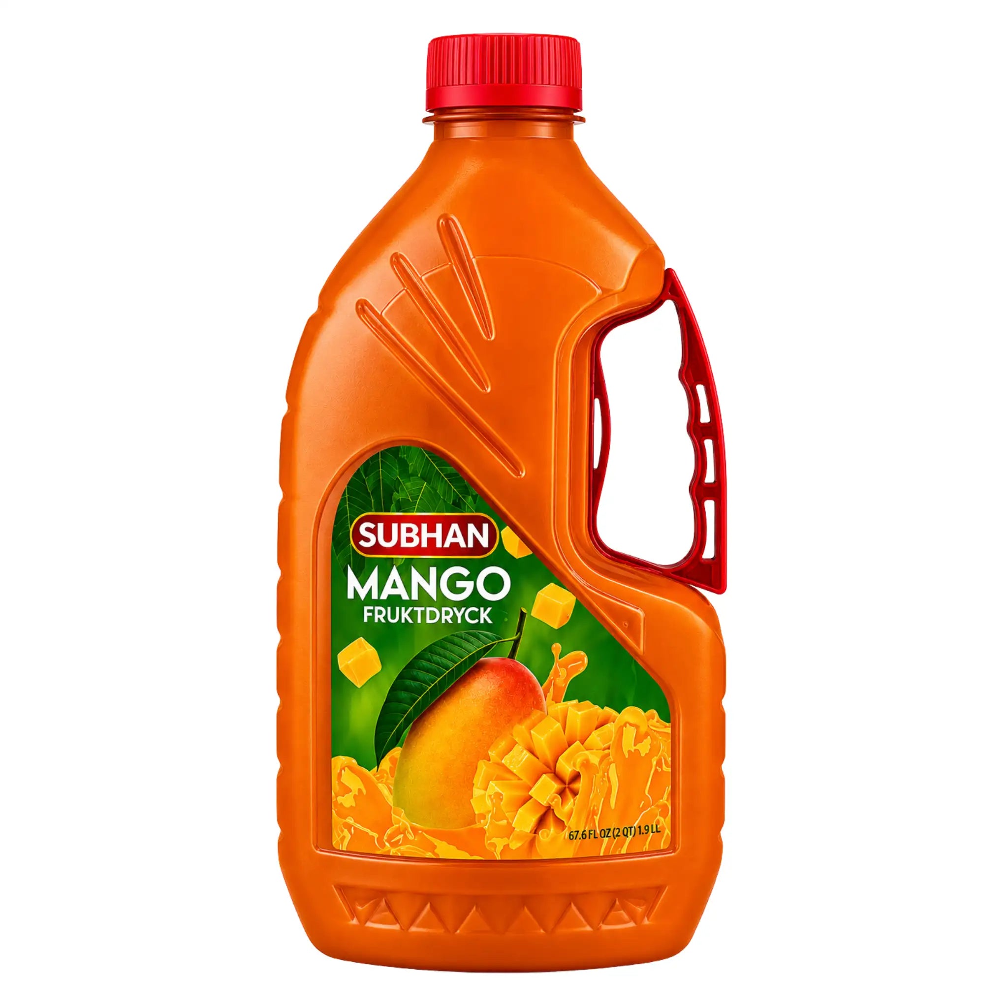 Subhan mango fruktdryck 2 l i orange flaska med röd kapsyl