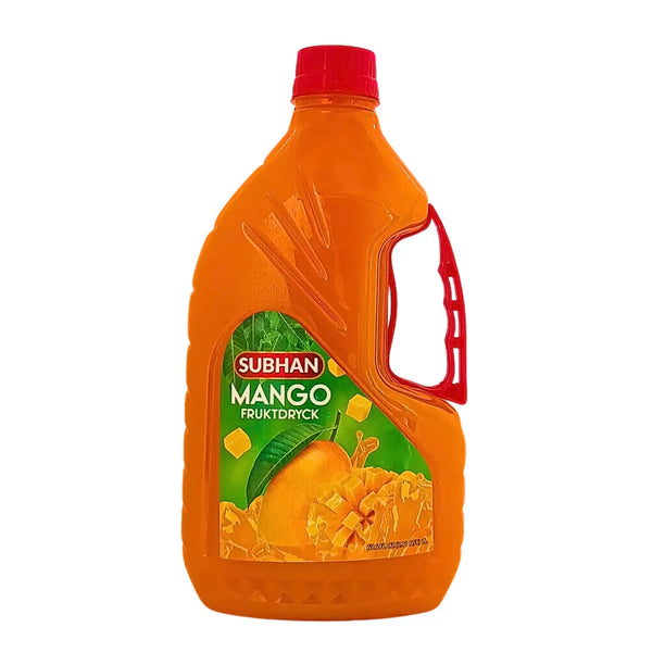 Subhan mango fruktdryck 2L i plastflaska med röd kork, tropisk drycksmix