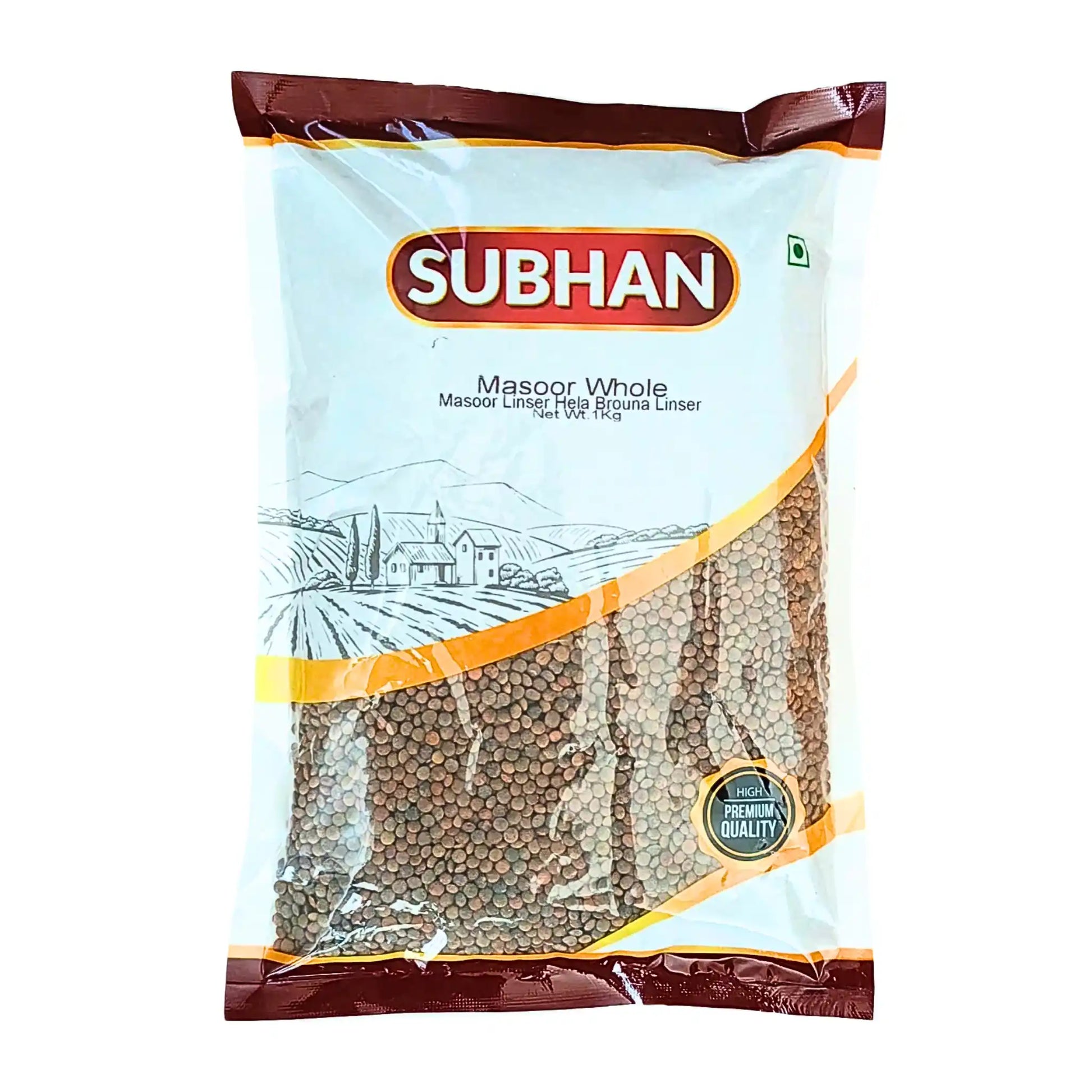 Förpackning med hela bruna linser masoor, 1 kg, tydlig text och lantligt motiv.