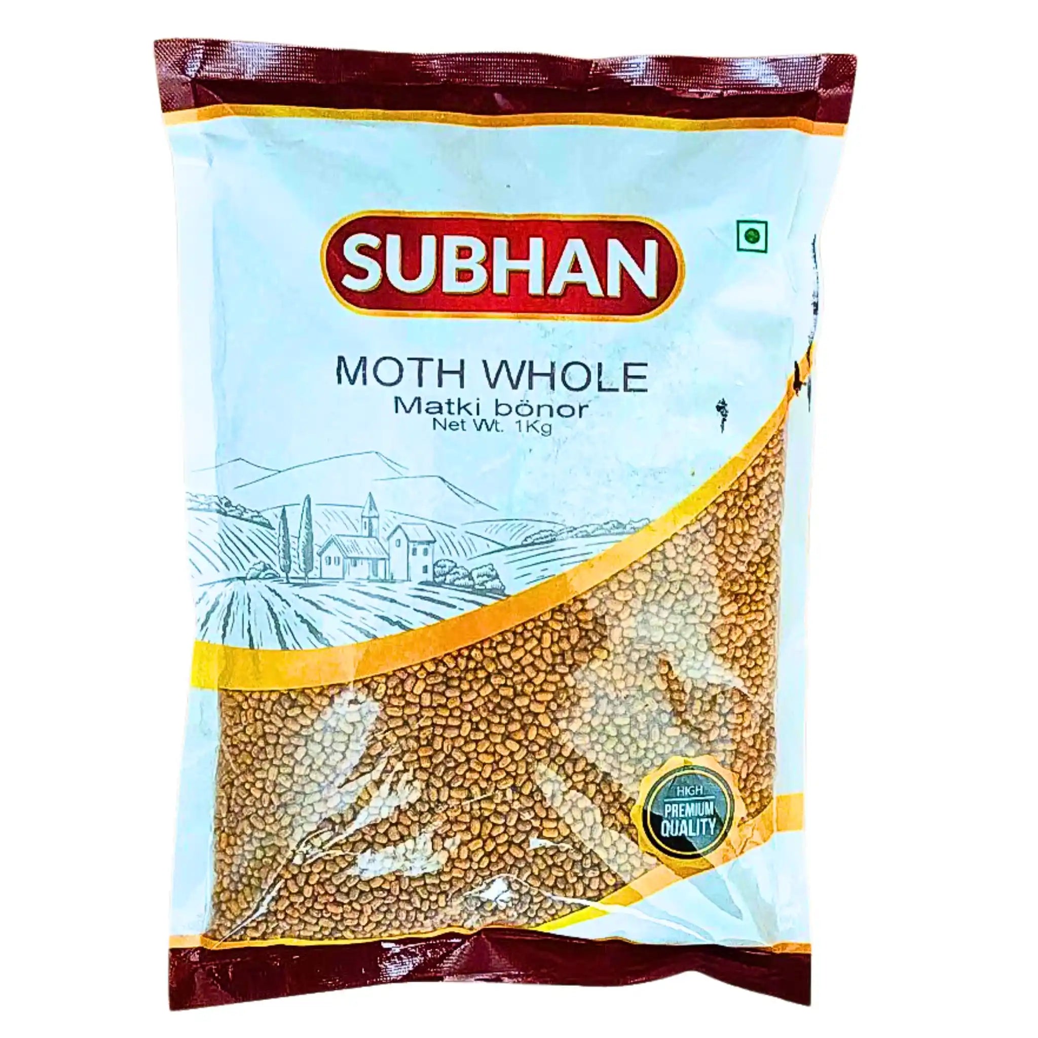 Förpackning med Subhan moth hela matki bönor 1 kg, tydligt synliga bruna linser.