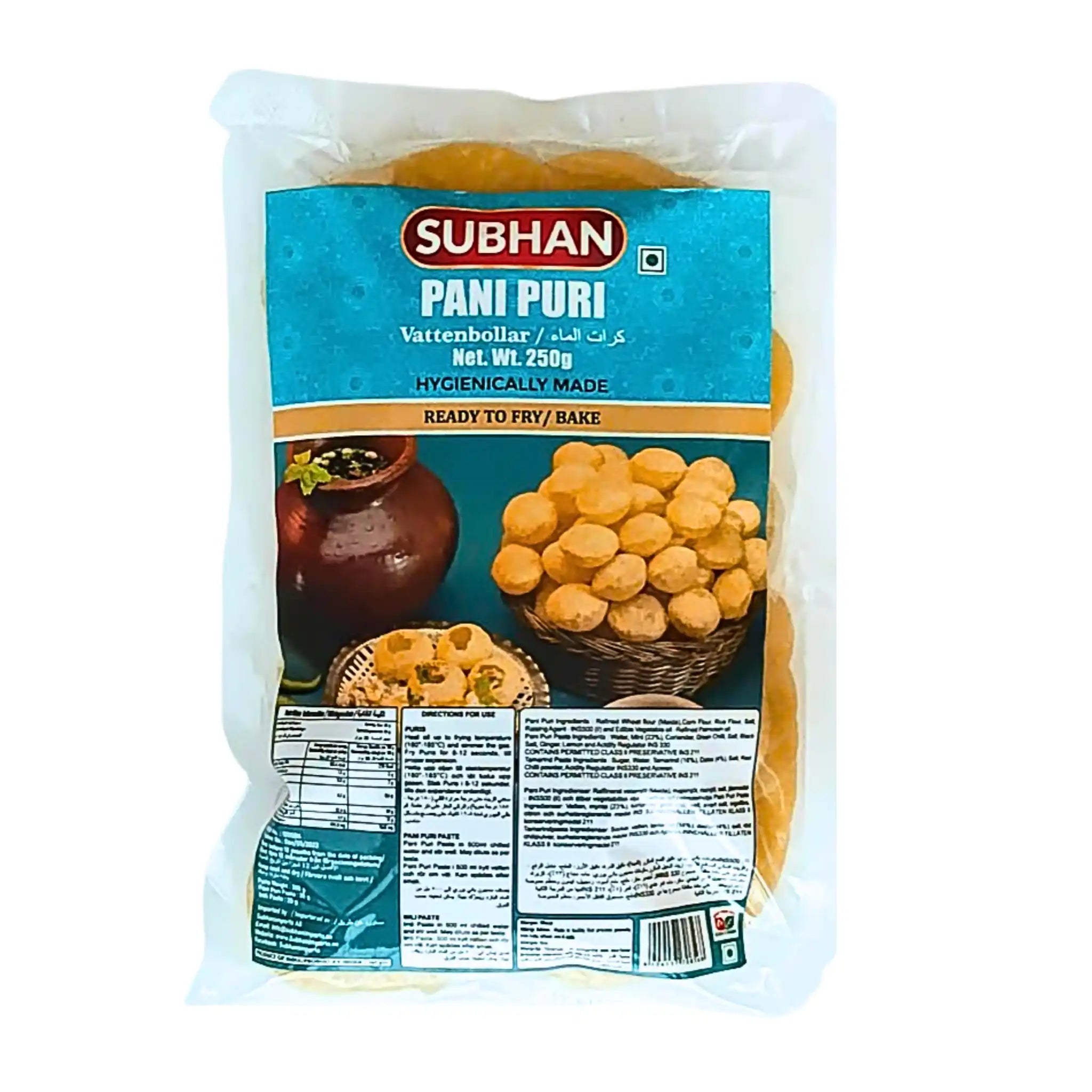 Subhan Pani Puri vattenbollar 250g i förpackning, indisk snacks klar att friteras eller bakas.