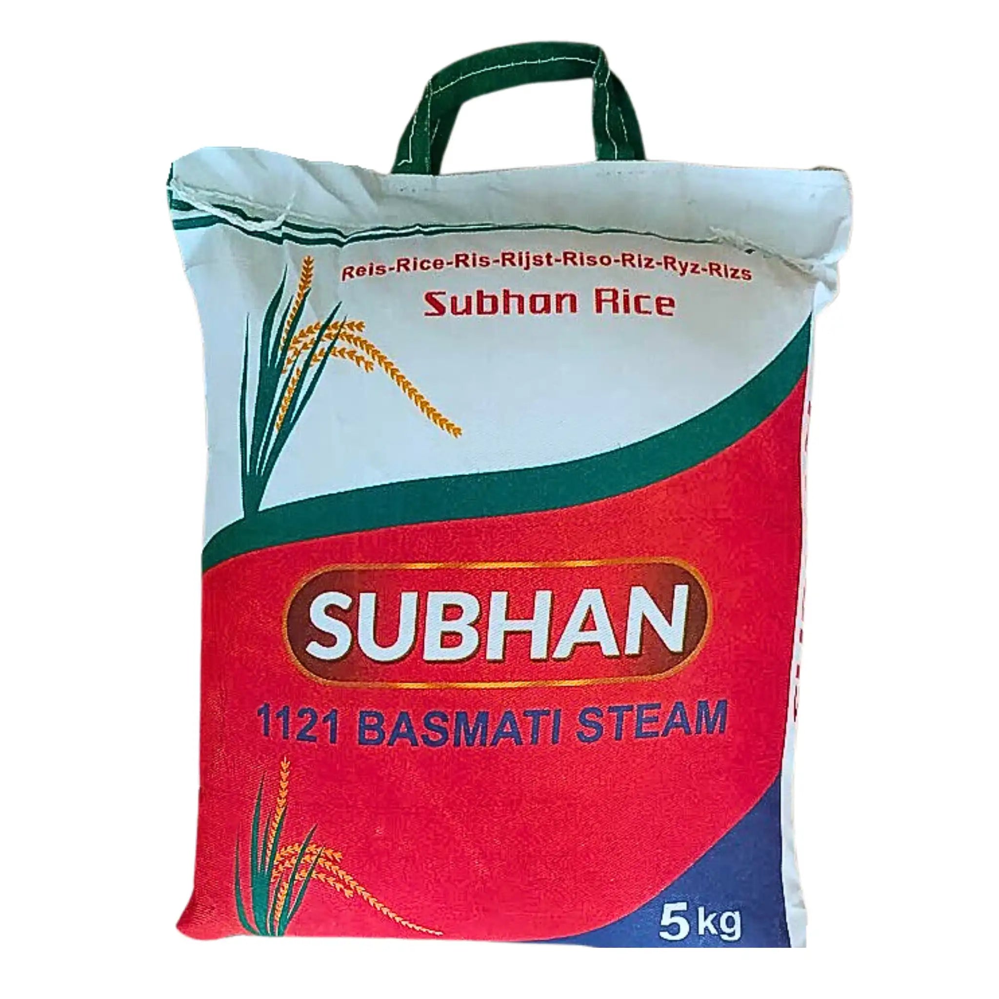 Subhan 1121 Basmati ångad ris 5 kg förpackning med handtag, orientalisk risprodukt.