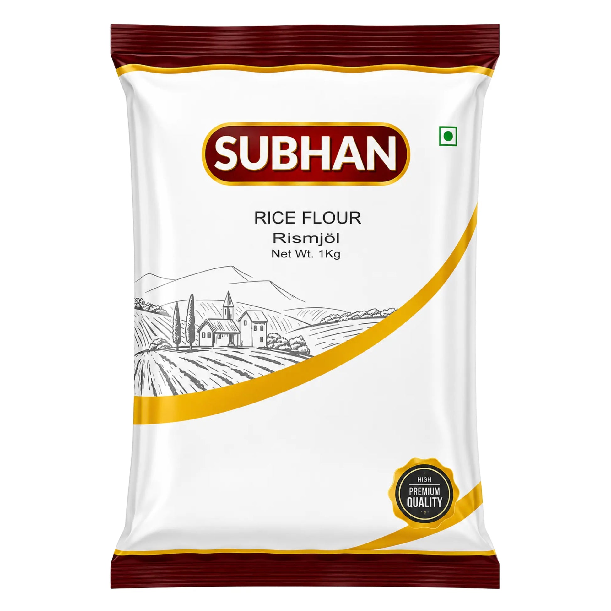 Ris mjöl i 1 kg förpackning, SUBHAN, vit säck med rödgul rand