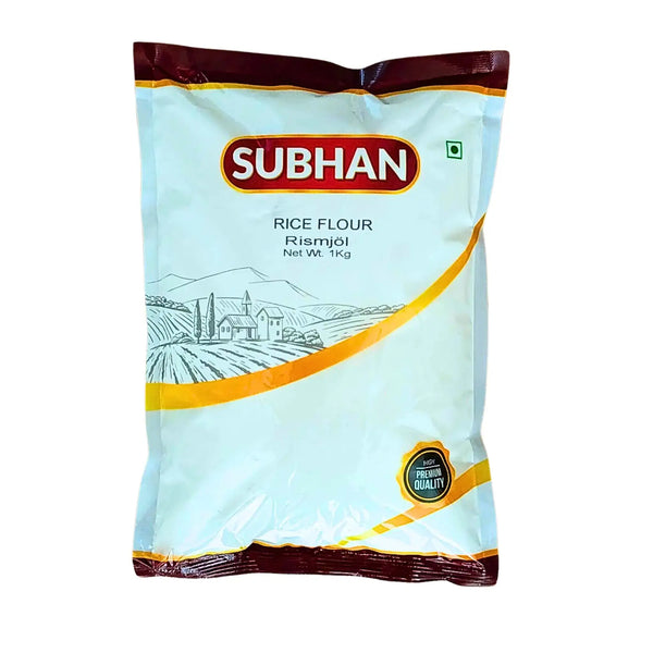 Förpackning Subhan rismjöl 1kg, vit påse med landskapsmotiv och texten Premium Quality.
