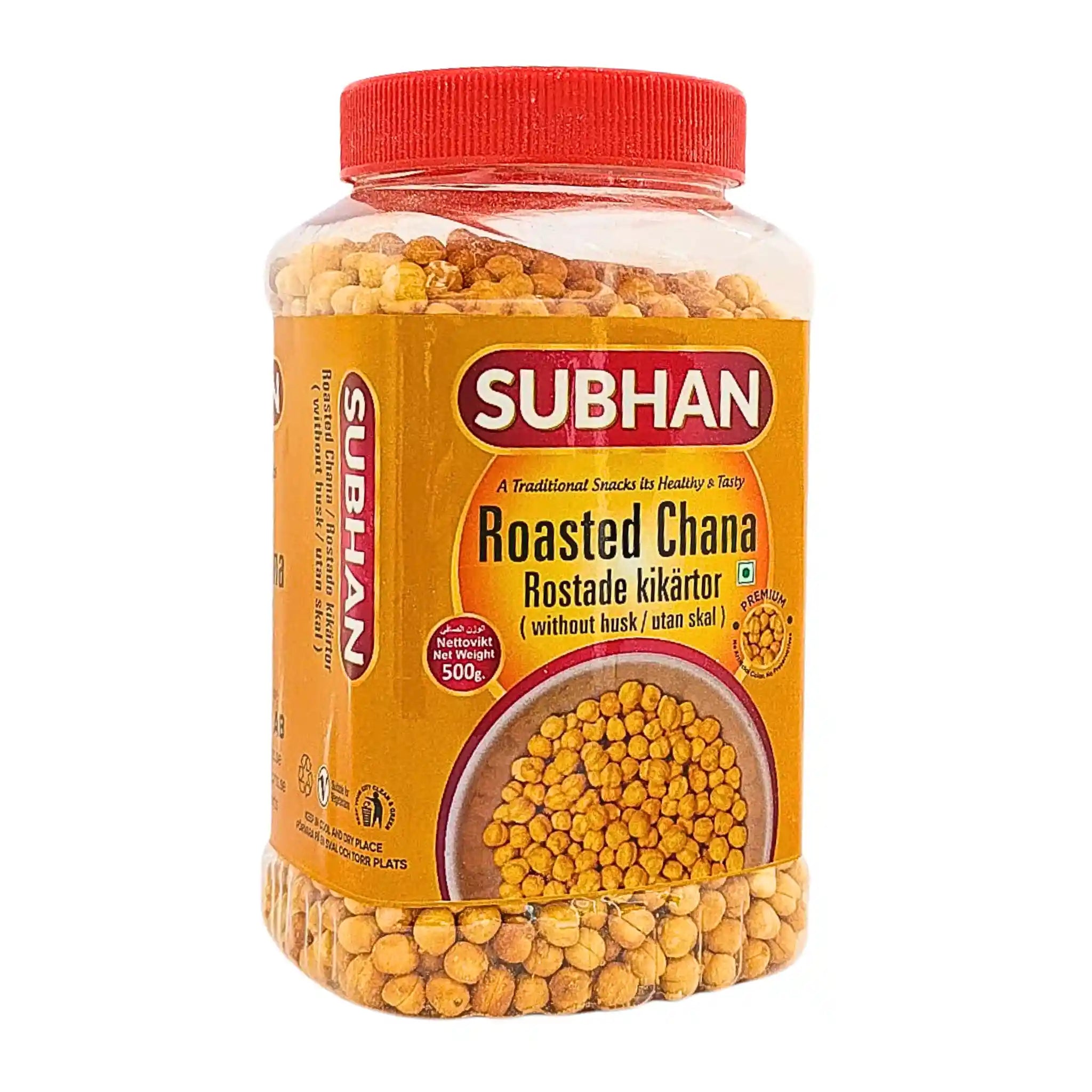 Burk med rostade kikärtor utan skal 500g, tydlig ingrediensbild och röd lock.